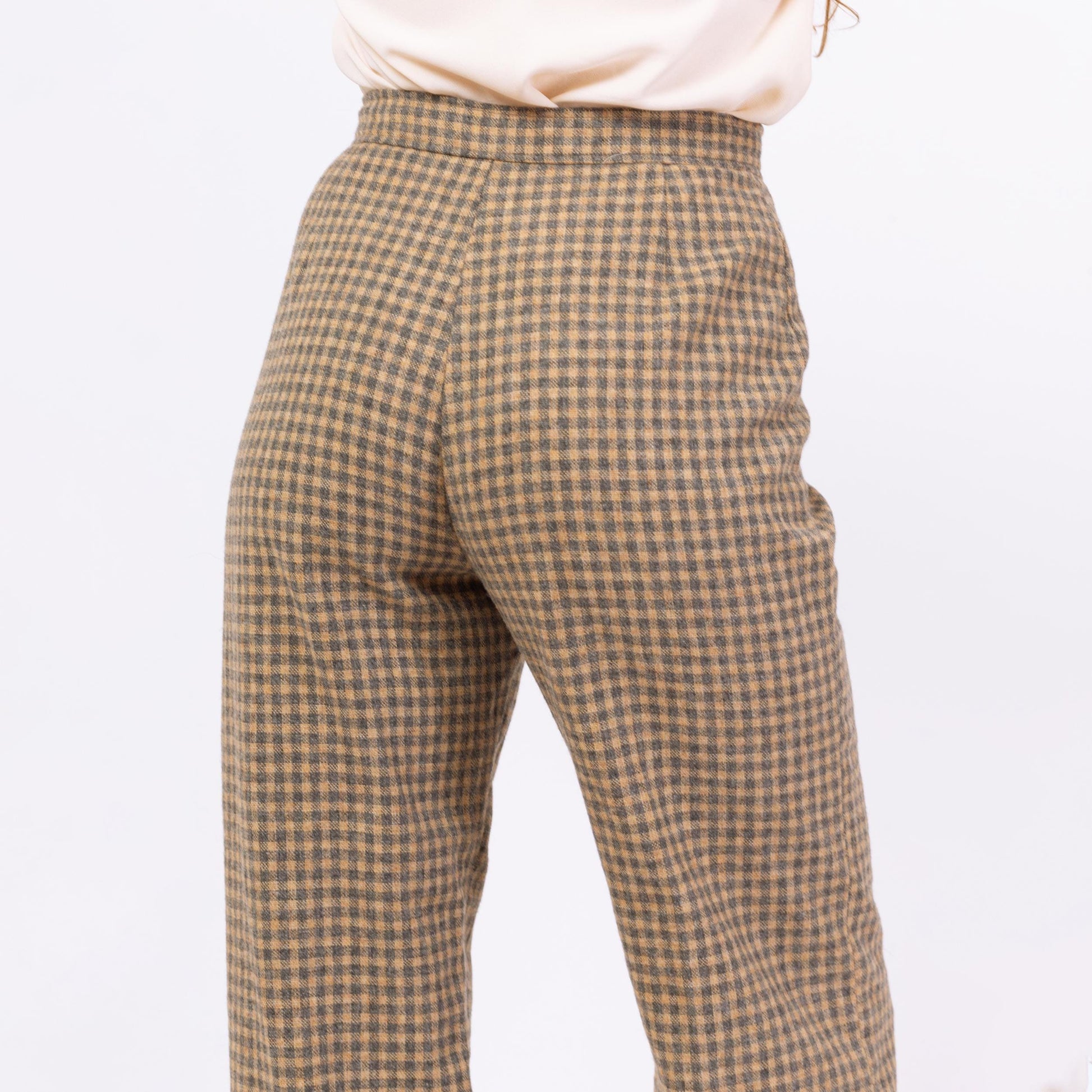 Vintage 70s Yellow & Grey Plaid Wool Pants - Medium, 28" Waist | Jack Winter High Waisted Straight Leg Trousers