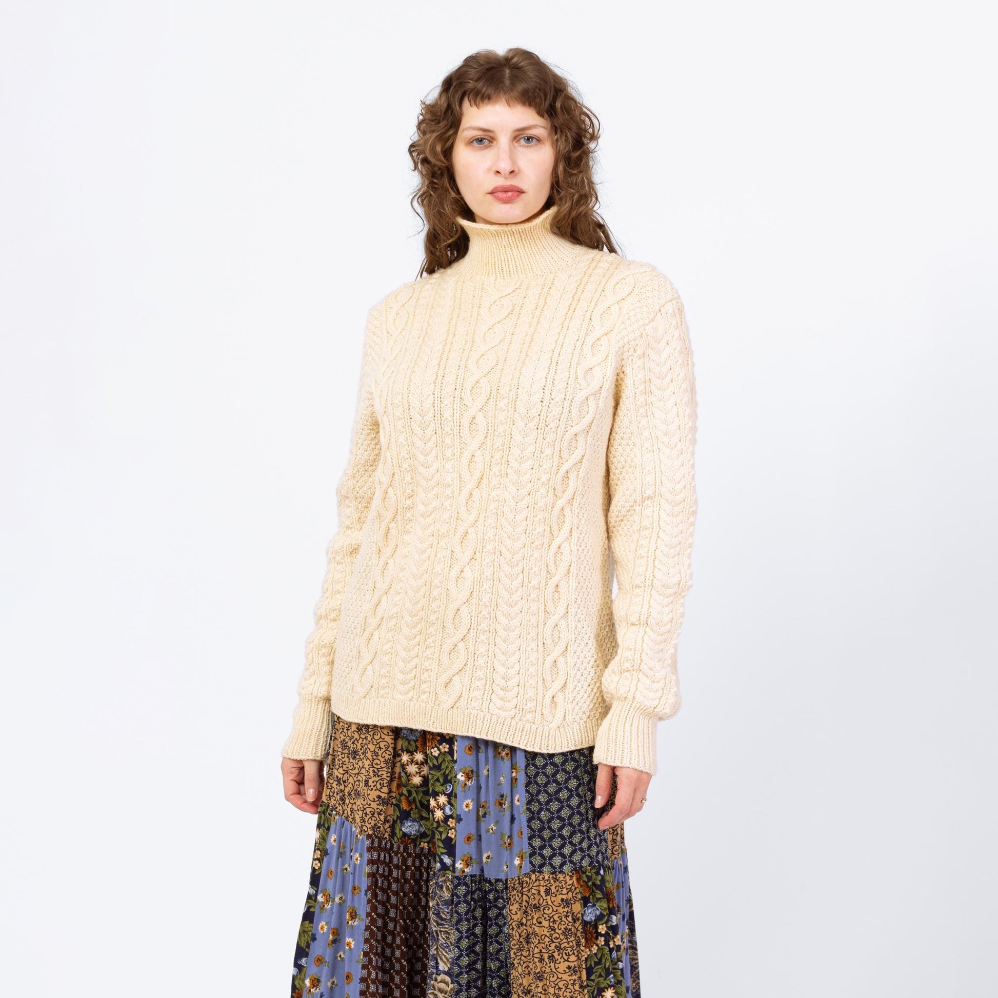 Vintage 70s 80s Irish Cable Knit Turtleneck Sweater - Men's Medium, Women's Large | Slouchy Oversize Cream Wool Fisherman Pullover