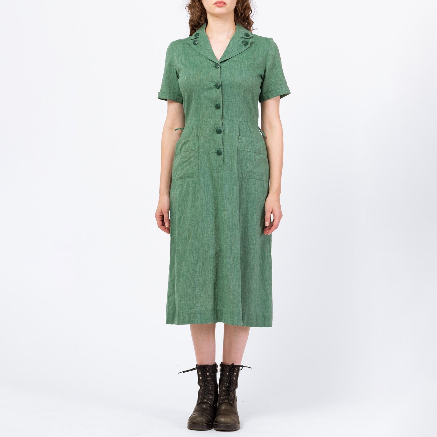 Vintage 40s 50s Girl Scouts Uniform Dress - Medium | Retro Green Button Up Short Sleeve Midi Shirtdress