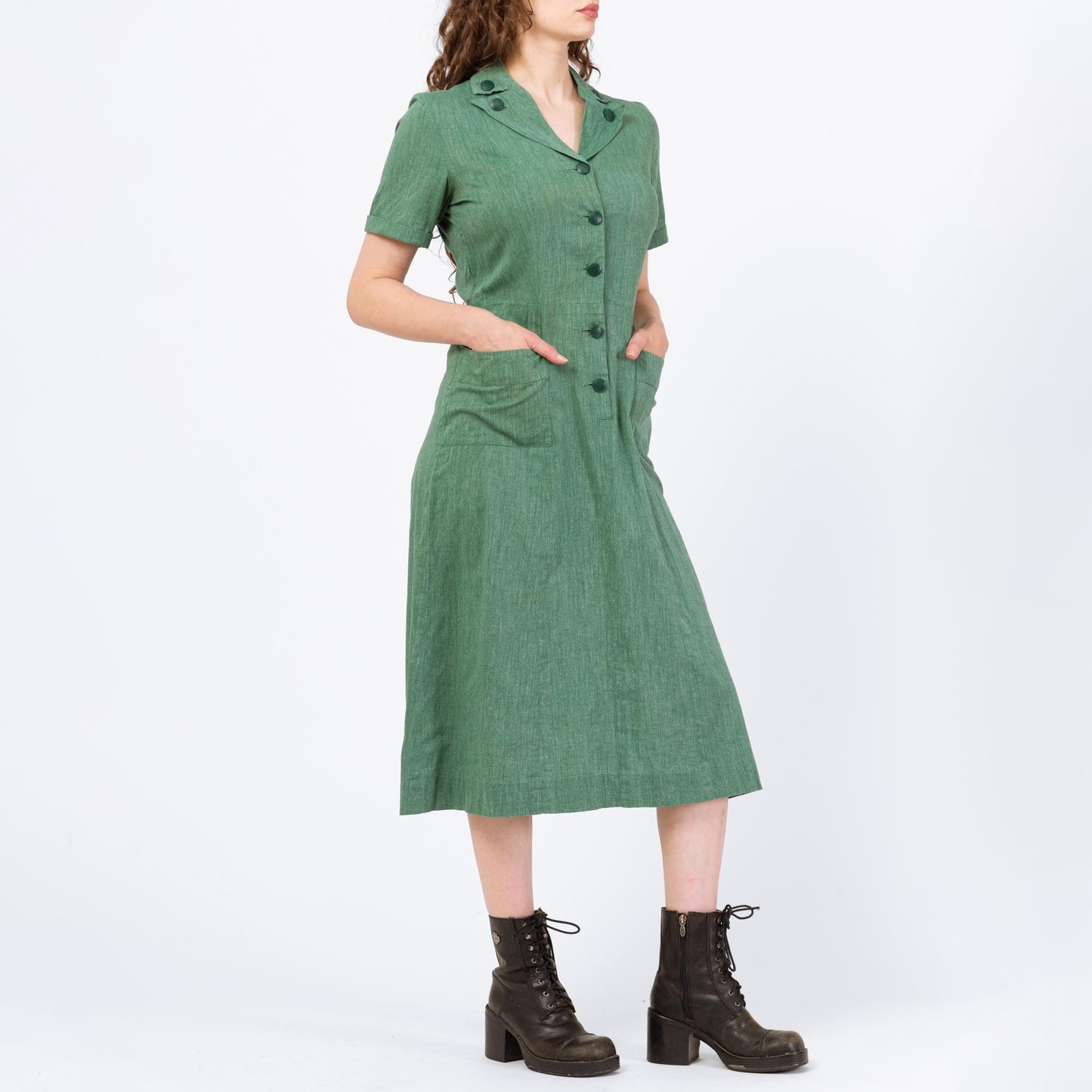 Vintage 40s 50s Girl Scouts Uniform Dress - Medium | Retro Green Button Up Short Sleeve Midi Shirtdress