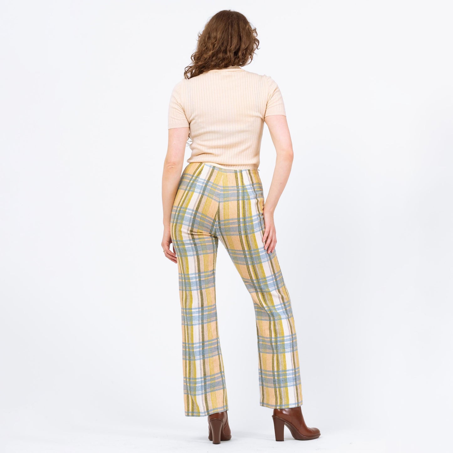 Vintage 70s Yellow Blue & Green Plaid Knit Flared Pants - Medium, 28" Waist | High Waisted Retro Woven Boho Bootcut Trousers