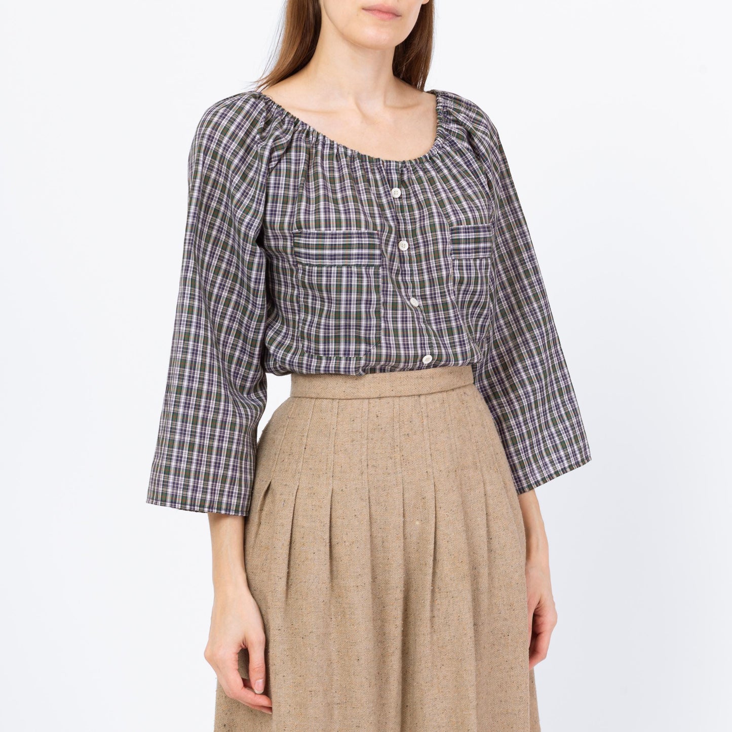 Vintage 70s Plaid Peasant Blouse - Medium | Boho Cottagecore 3/4 Sleeve Longline Top, Romantic Long Sleeve Blouse