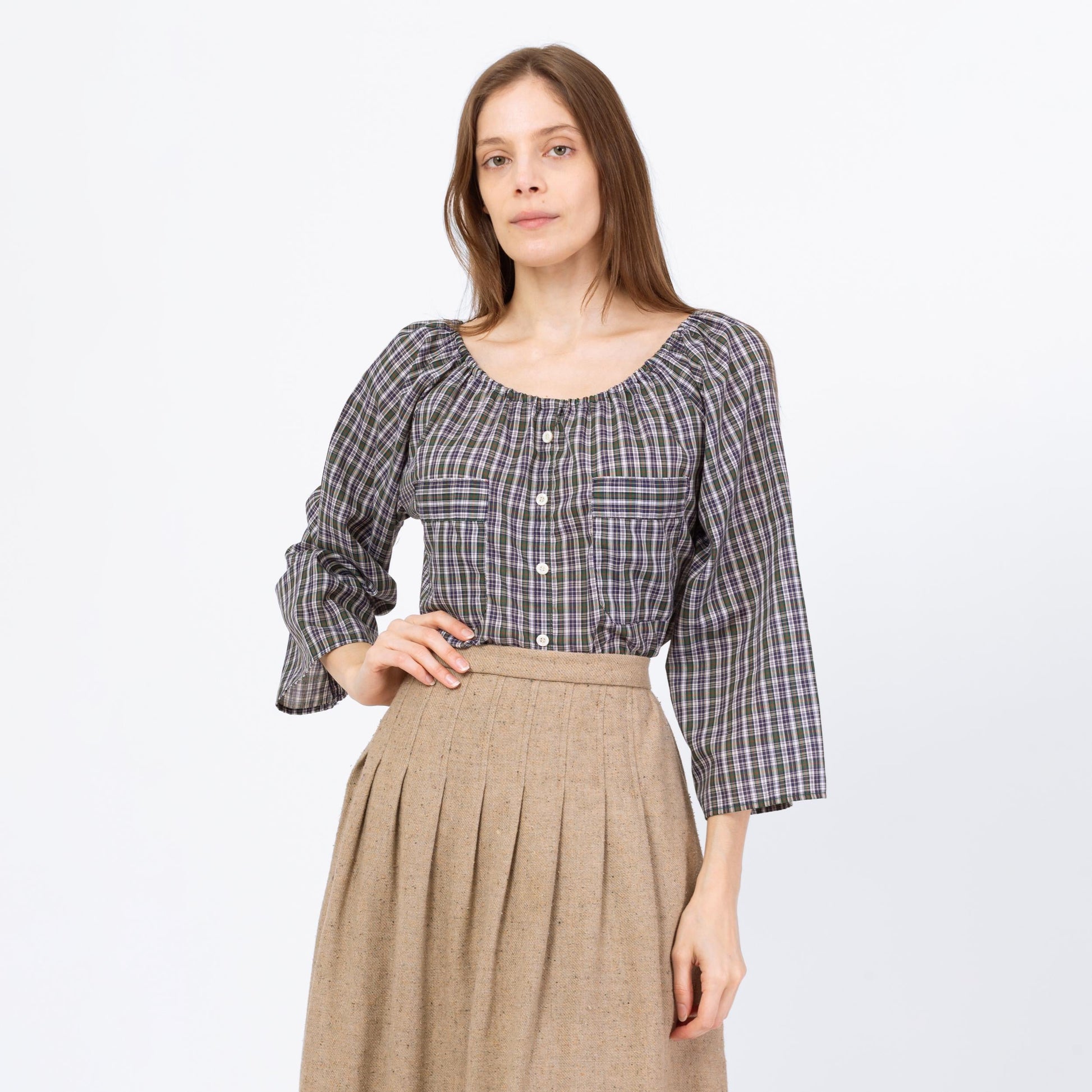 Vintage 70s Plaid Peasant Blouse - Medium | Boho Cottagecore 3/4 Sleeve Longline Top, Romantic Long Sleeve Blouse