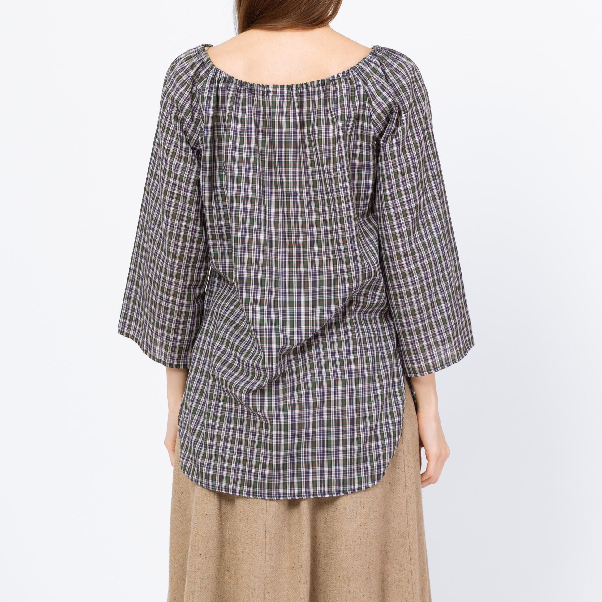 Vintage 70s Plaid Peasant Blouse - Medium | Boho Cottagecore 3/4 Sleeve Longline Top, Romantic Long Sleeve Blouse