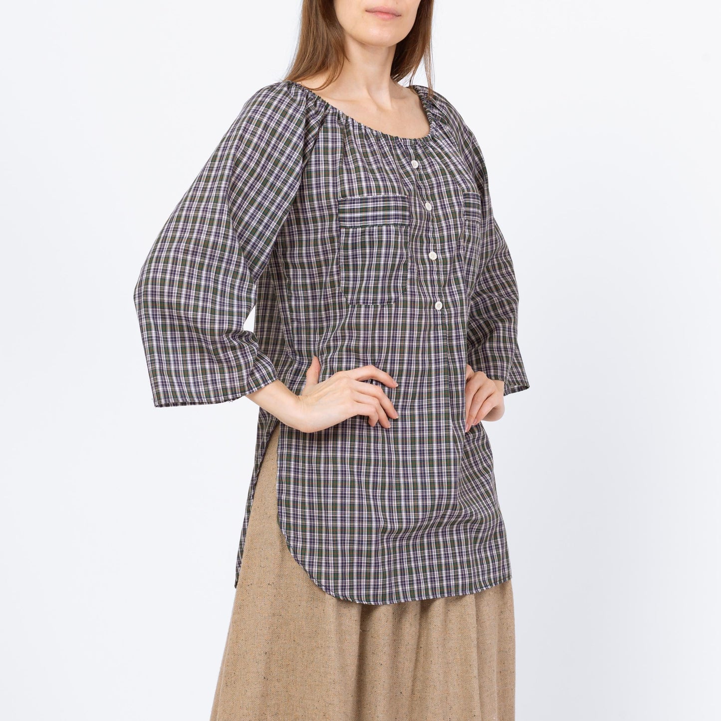 Vintage 70s Plaid Peasant Blouse - Medium | Boho Cottagecore 3/4 Sleeve Longline Top, Romantic Long Sleeve Blouse