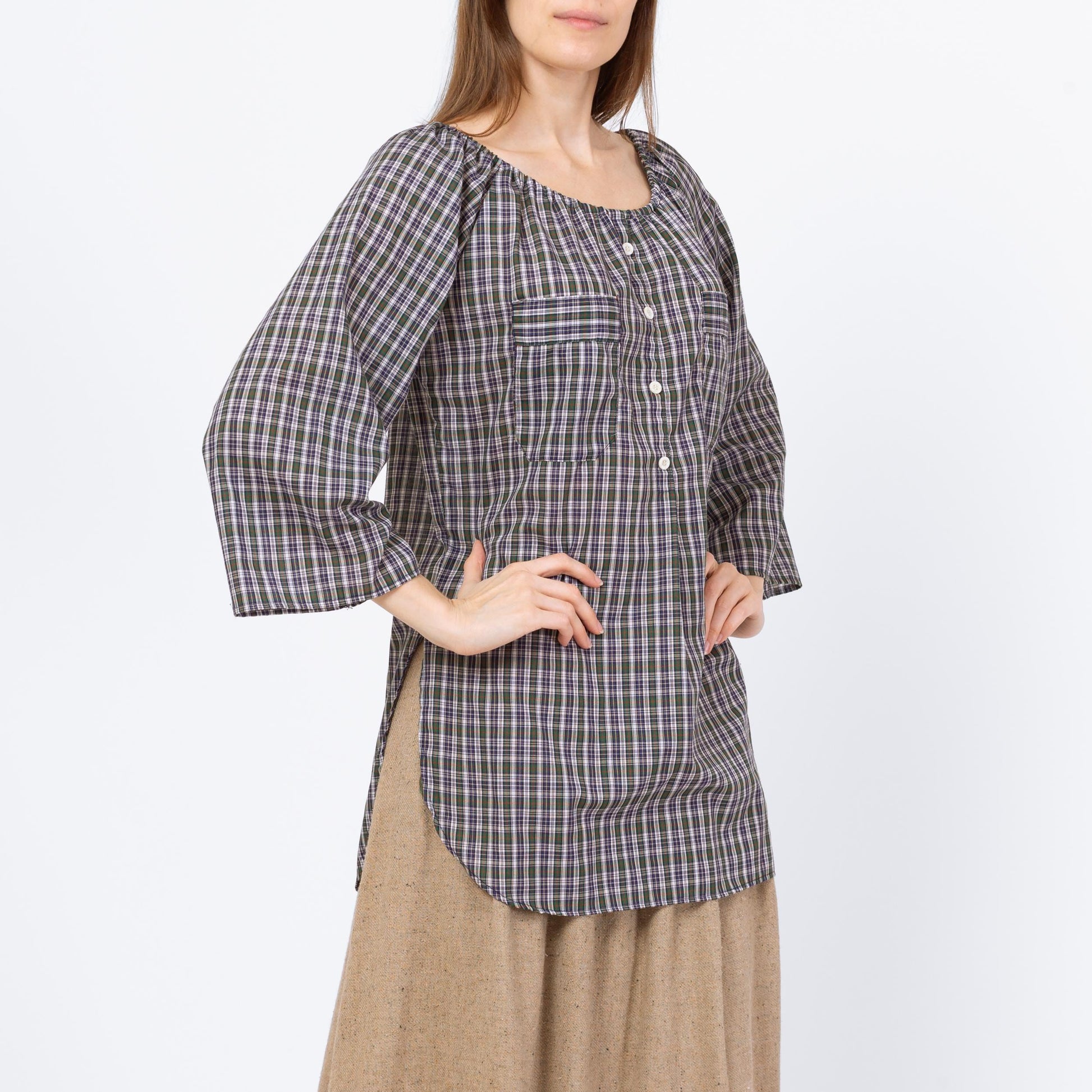 Vintage 70s Plaid Peasant Blouse - Medium | Boho Cottagecore 3/4 Sleeve Longline Top, Romantic Long Sleeve Blouse