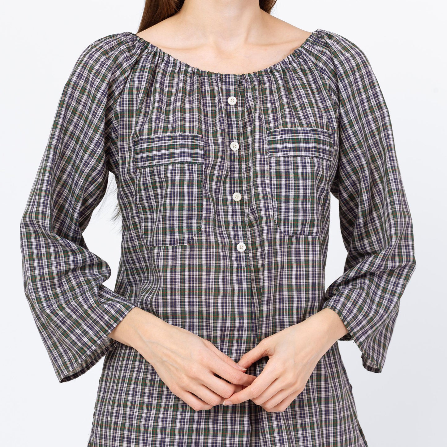 Vintage 70s Plaid Peasant Blouse - Medium | Boho Cottagecore 3/4 Sleeve Longline Top, Romantic Long Sleeve Blouse