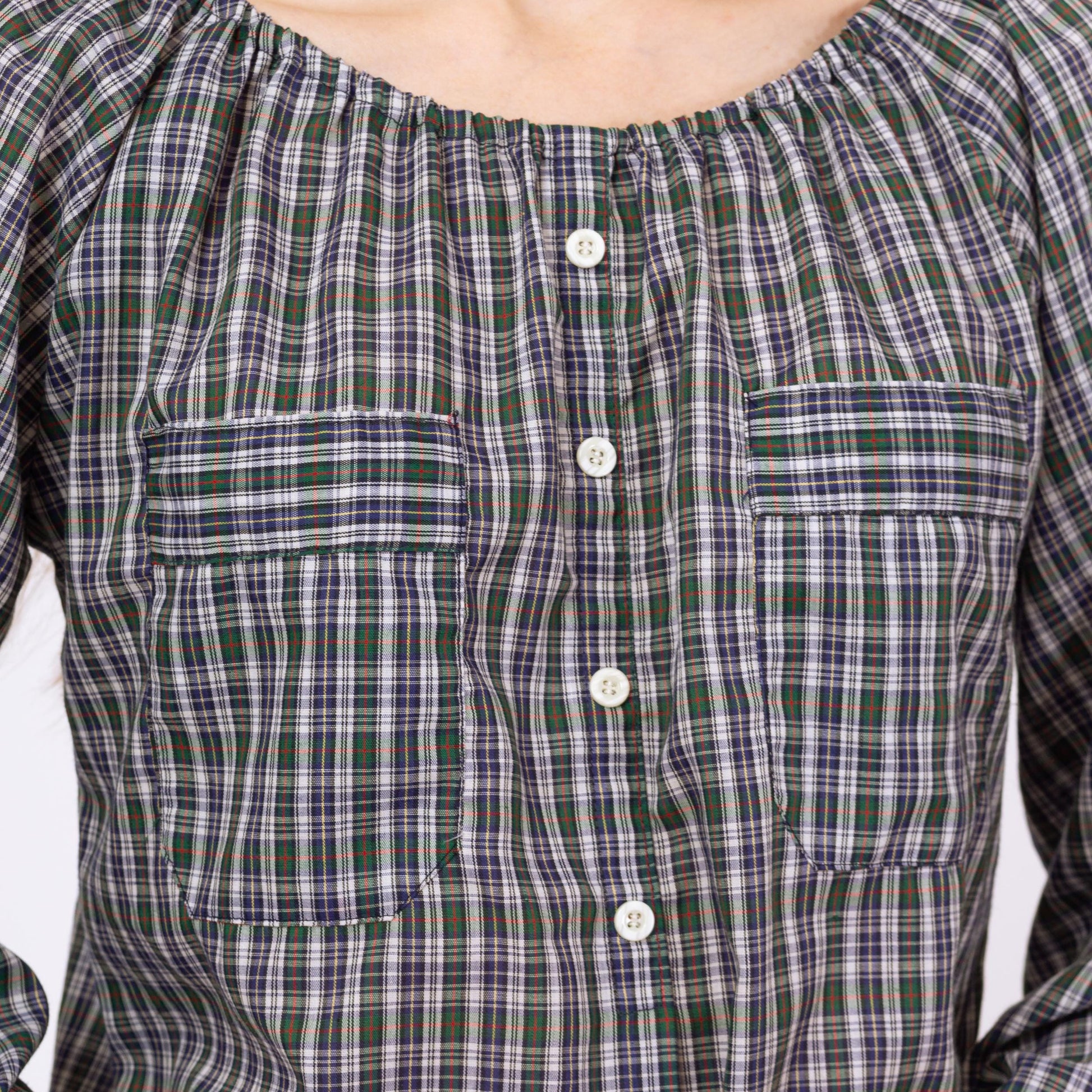 Vintage 70s Plaid Peasant Blouse - Medium | Boho Cottagecore 3/4 Sleeve Longline Top, Romantic Long Sleeve Blouse