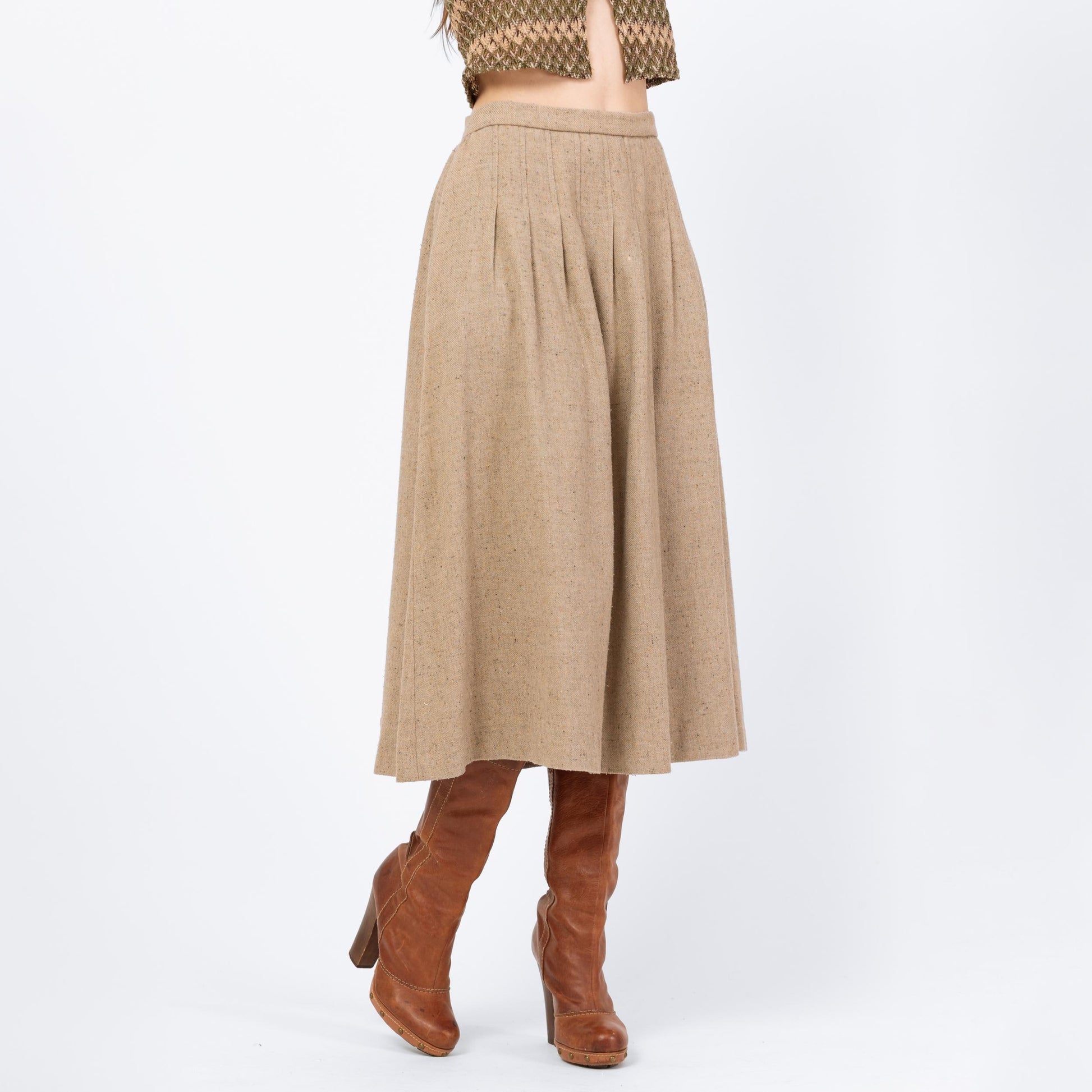 Vintage 70s Oatmeal Pleated Midi Skirt - Small, 26" Waist | High Waisted Light Academia Long Skirt