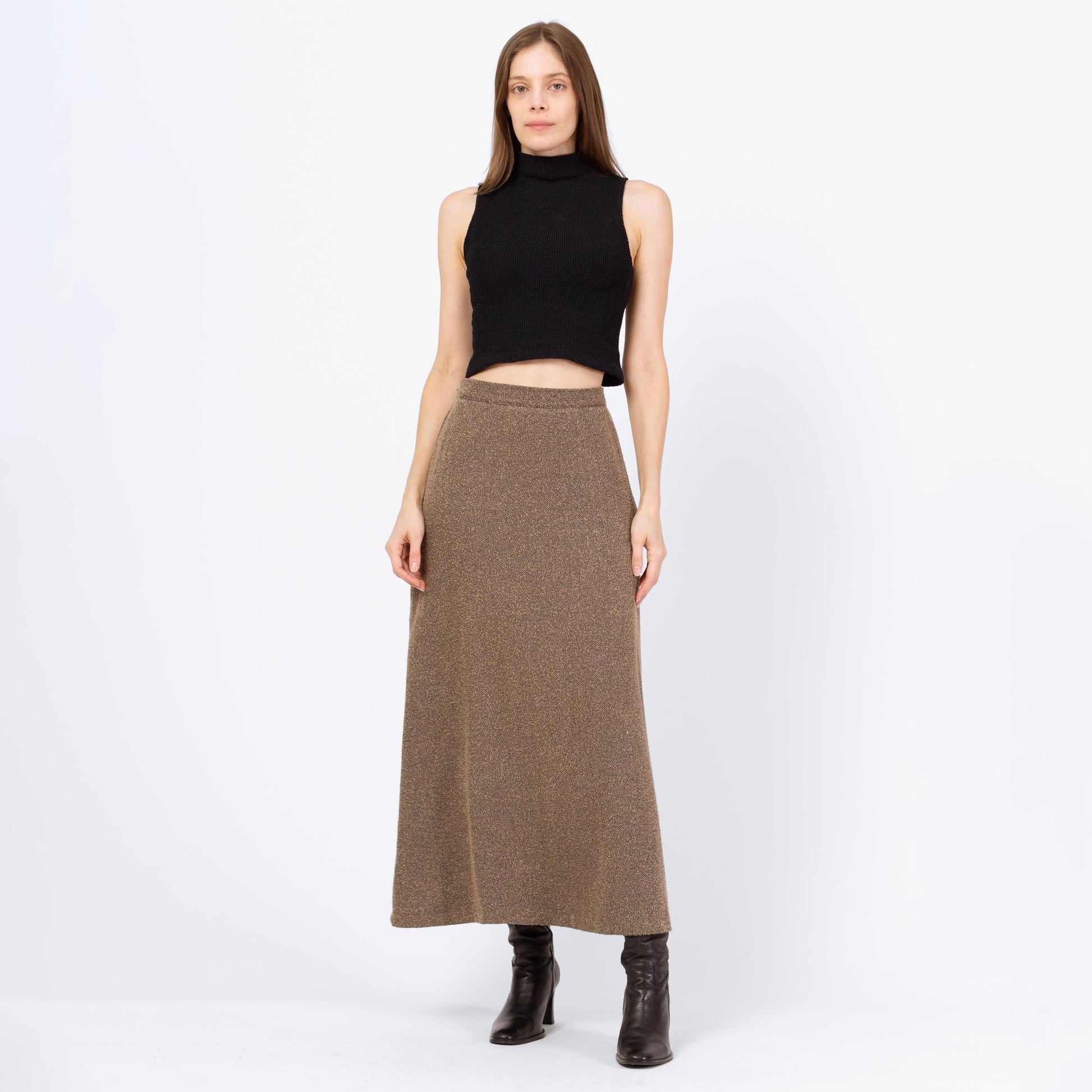Vintage 80s Herringbone Knit Maxi Skirt - Small, 26" Waist | High Waisted Light Academia A Line Long Skirt