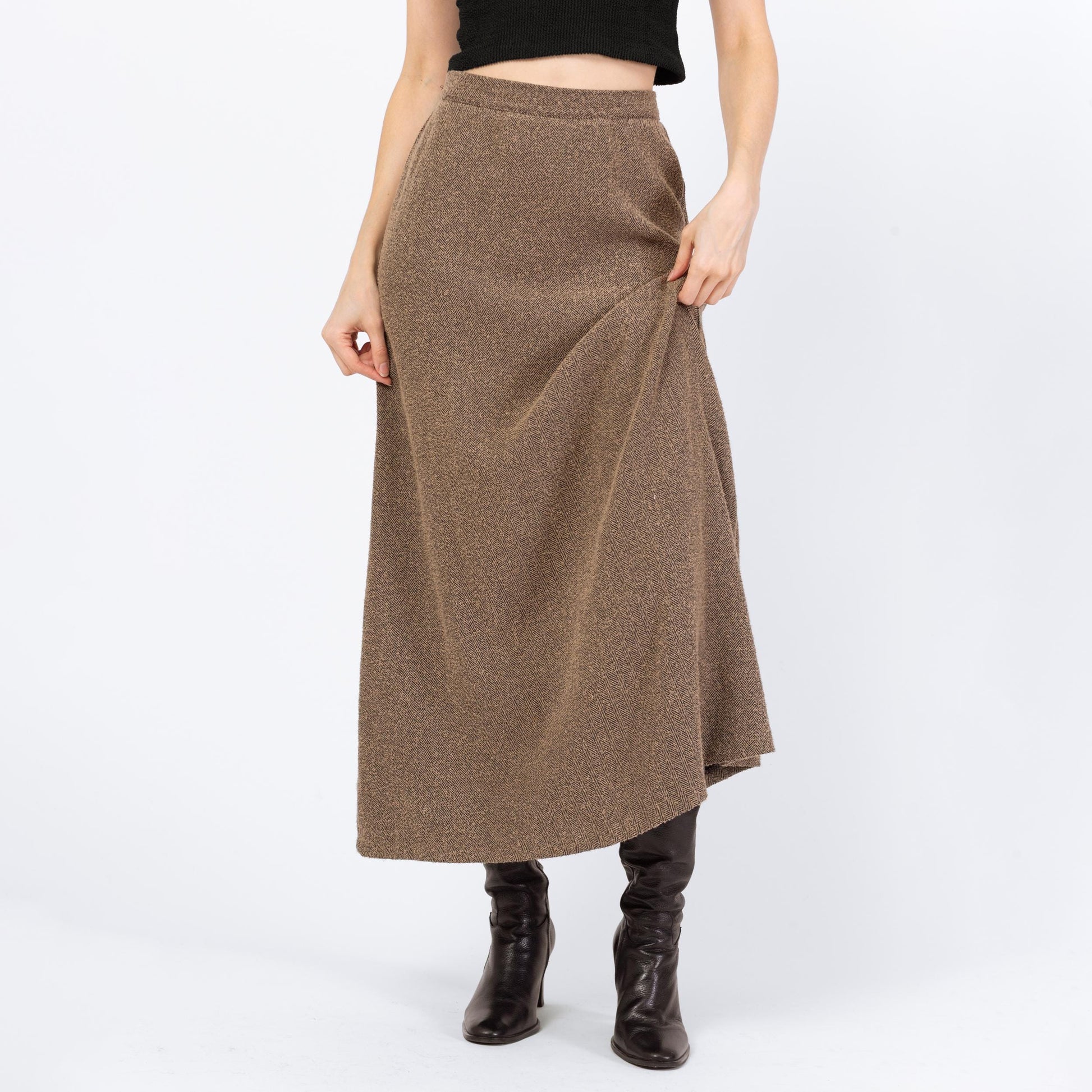 Vintage 80s Herringbone Knit Maxi Skirt - Small, 26" Waist | High Waisted Light Academia A Line Long Skirt