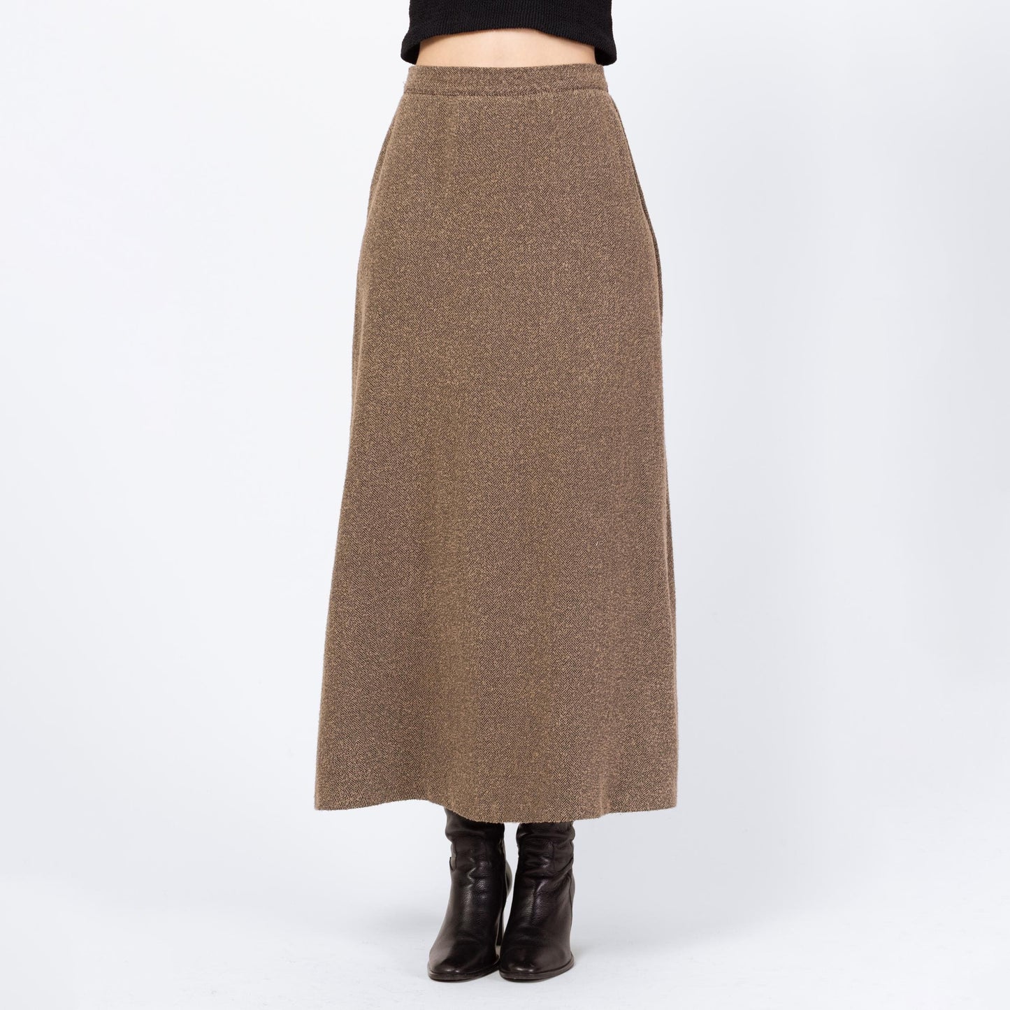 Vintage 80s Herringbone Knit Maxi Skirt - Small, 26" Waist | High Waisted Light Academia A Line Long Skirt