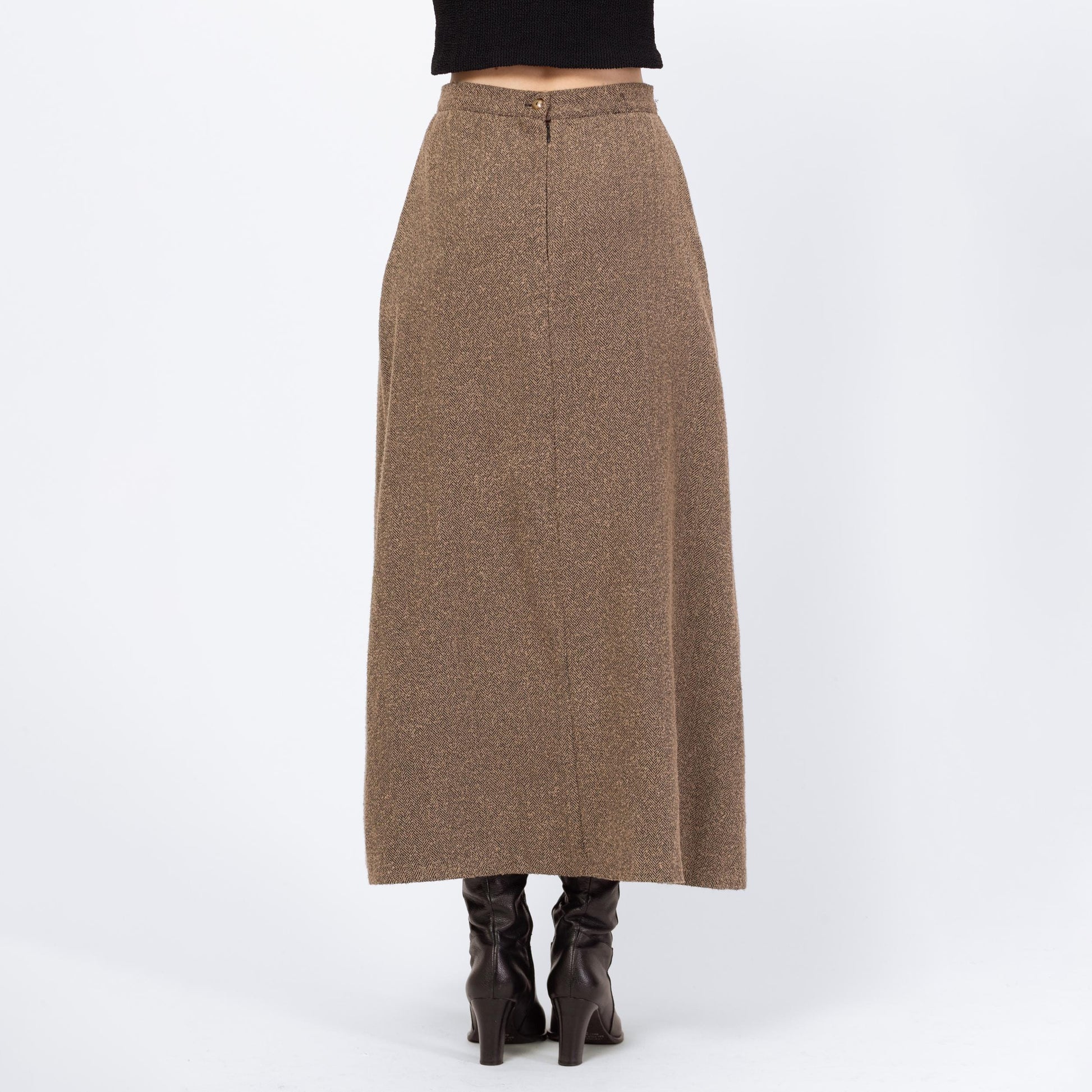 Vintage 80s Herringbone Knit Maxi Skirt - Small, 26" Waist | High Waisted Light Academia A Line Long Skirt