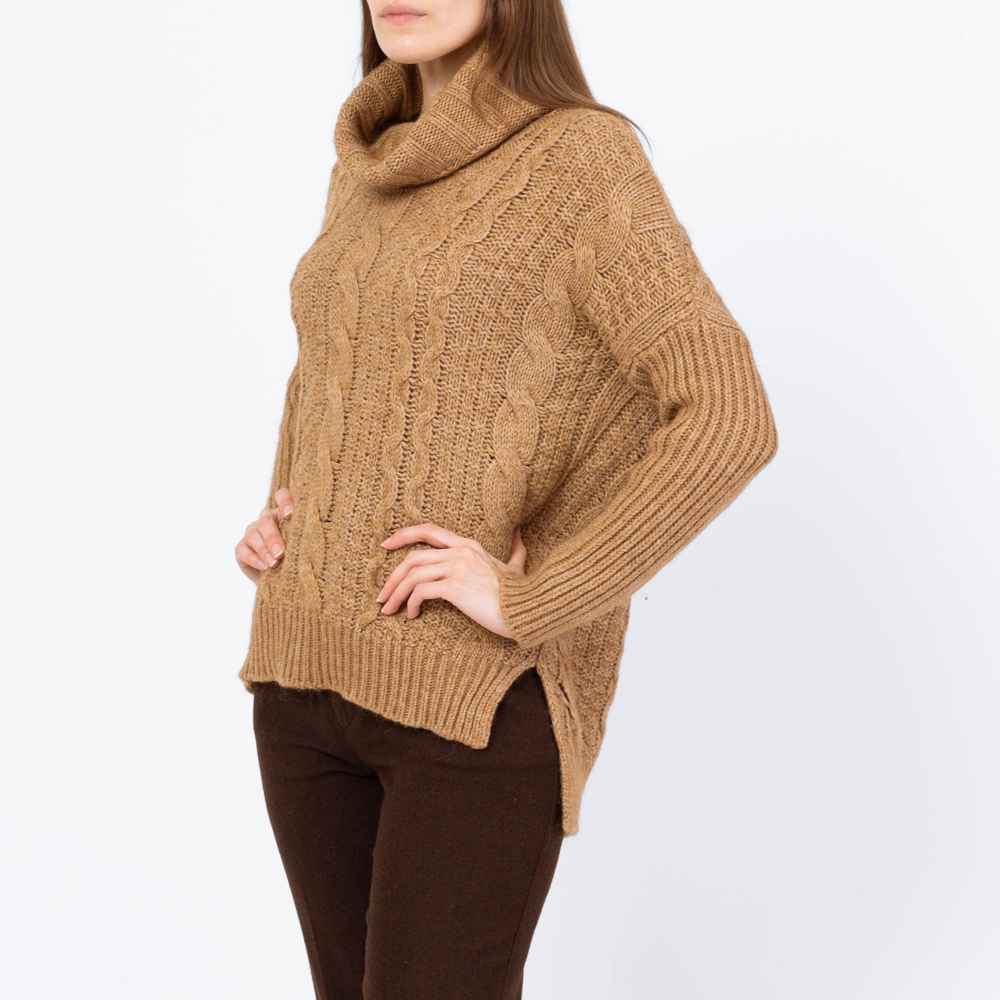 Vintage Y2K Camel Brown Cable Knit Turtleneck Sweater - Small | Soft Wool Slouchy High-Low Sweater