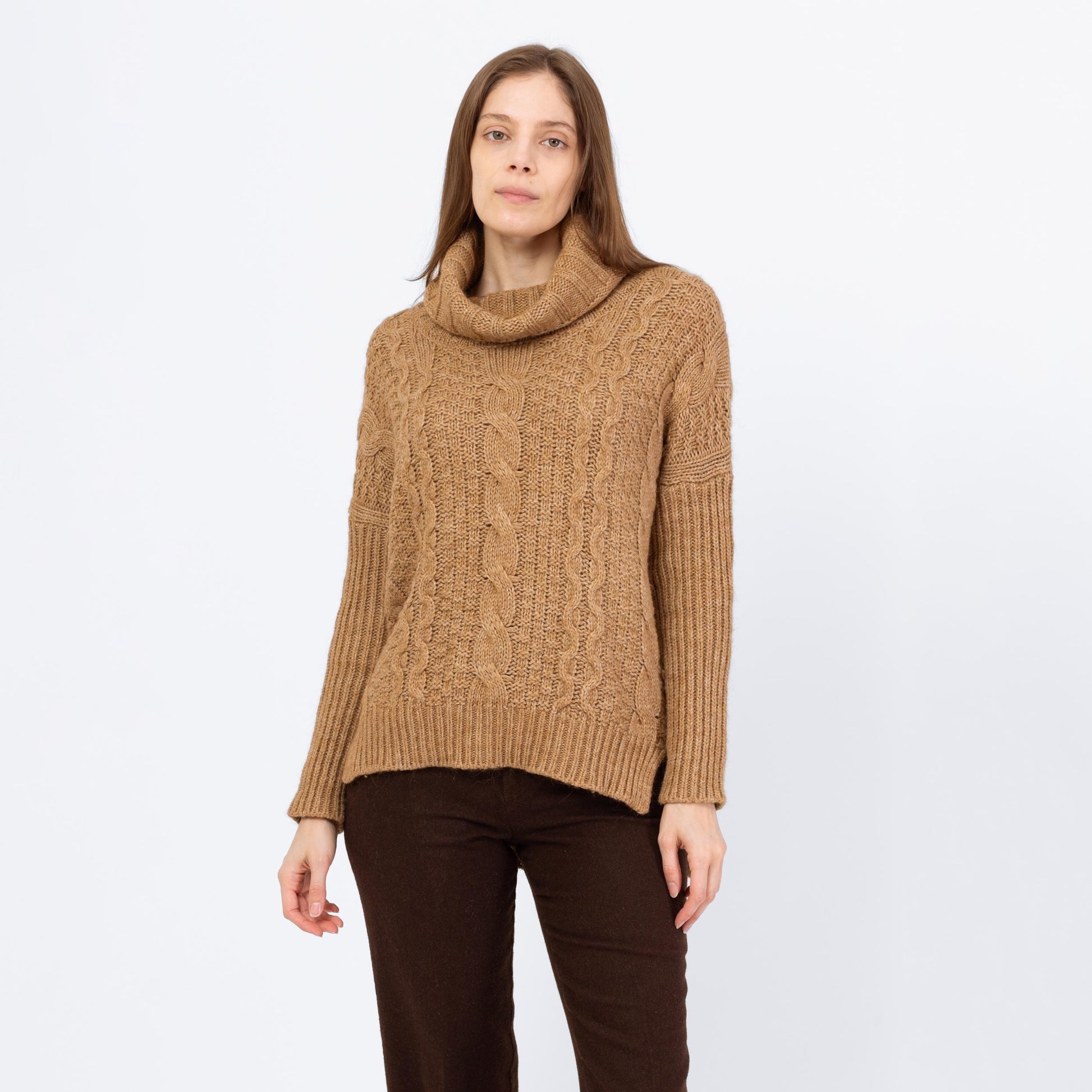 Vintage Y2K Camel Brown Cable Knit Turtleneck Sweater - Small | Soft Wool Slouchy High-Low Sweater