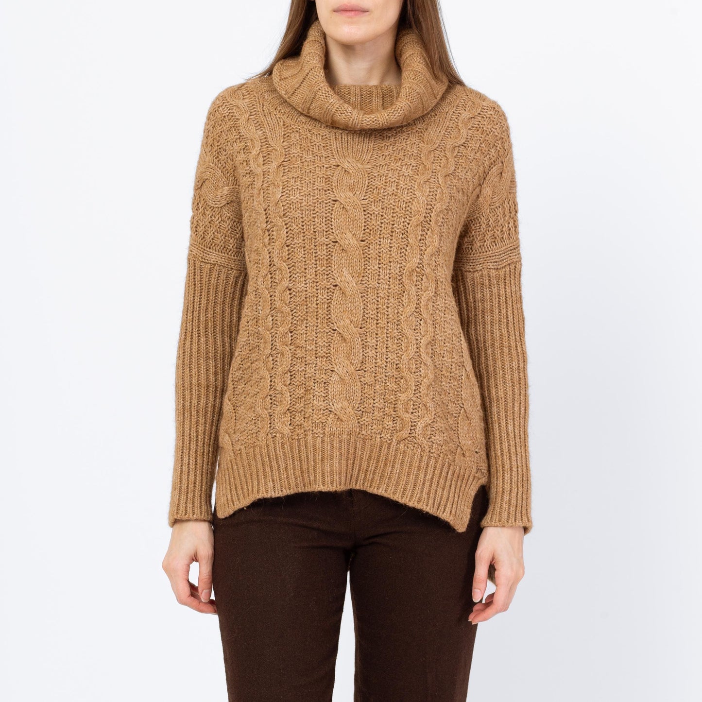 Vintage Y2K Camel Brown Cable Knit Turtleneck Sweater - Small | Soft Wool Slouchy High-Low Sweater