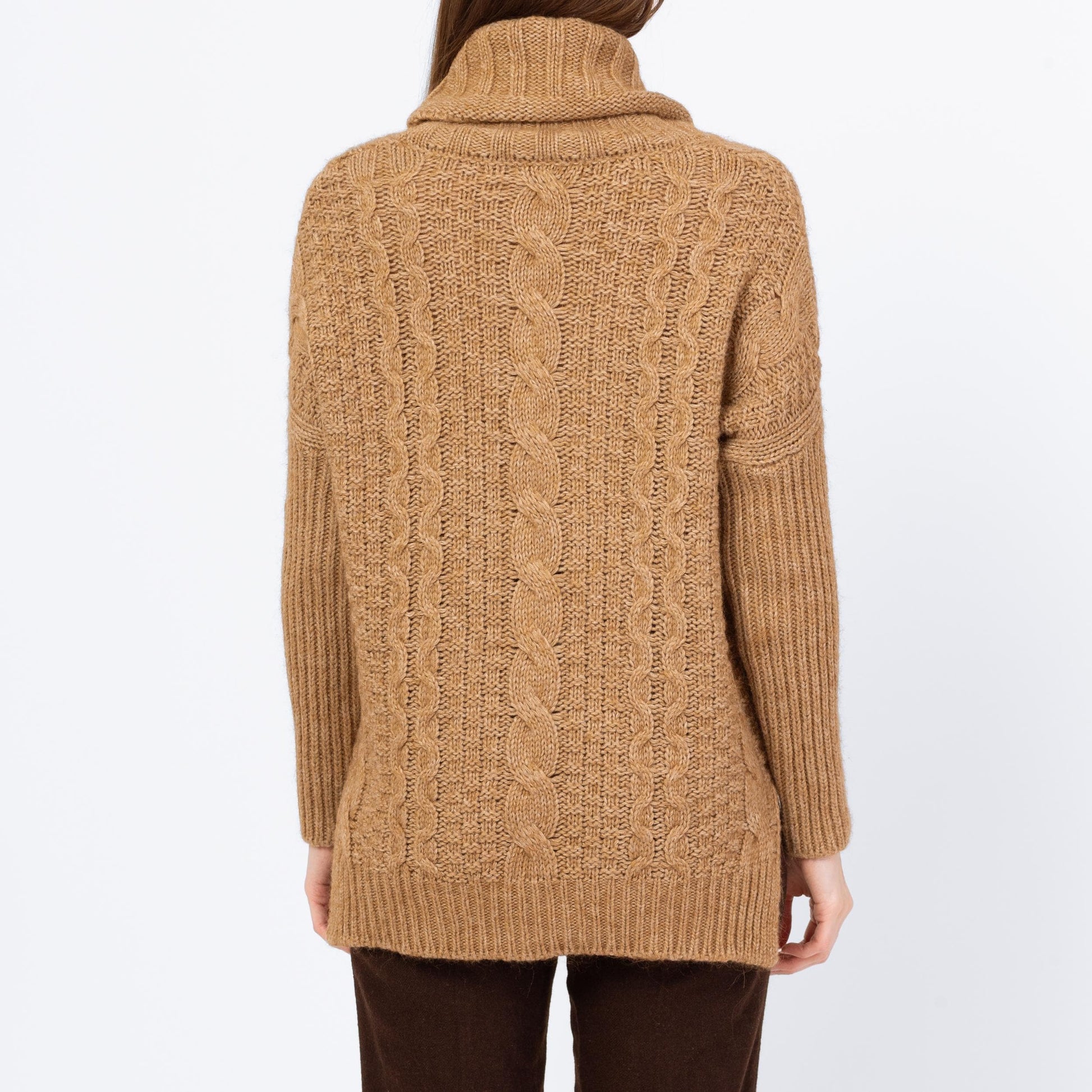 Vintage Y2K Camel Brown Cable Knit Turtleneck Sweater - Small | Soft Wool Slouchy High-Low Sweater