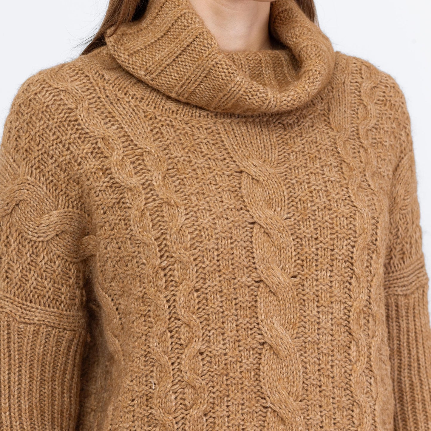 Vintage Y2K Camel Brown Cable Knit Turtleneck Sweater - Small | Soft Wool Slouchy High-Low Sweater