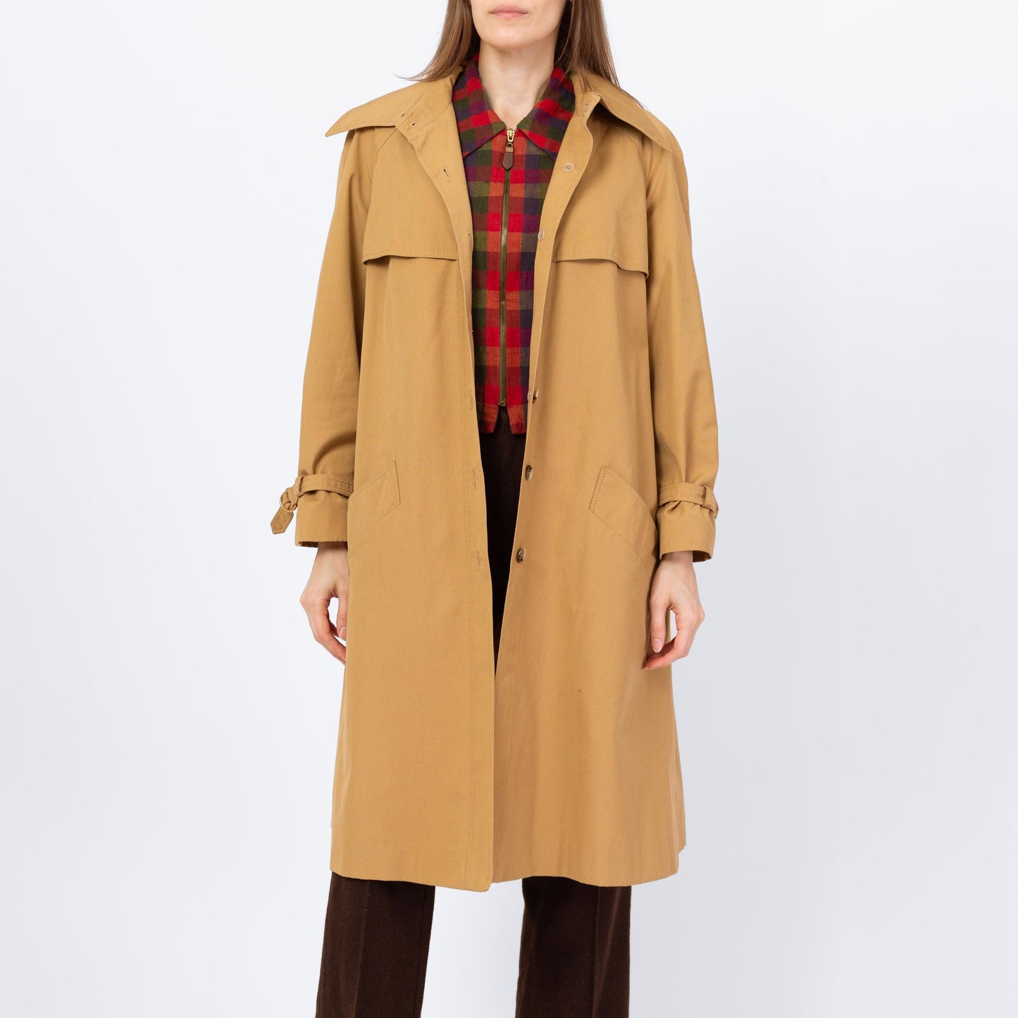 Vintage 70s Tan Pointed Collar Trench Coat - Medium | Minimalist Button Up Fall Winter Swing Jacket