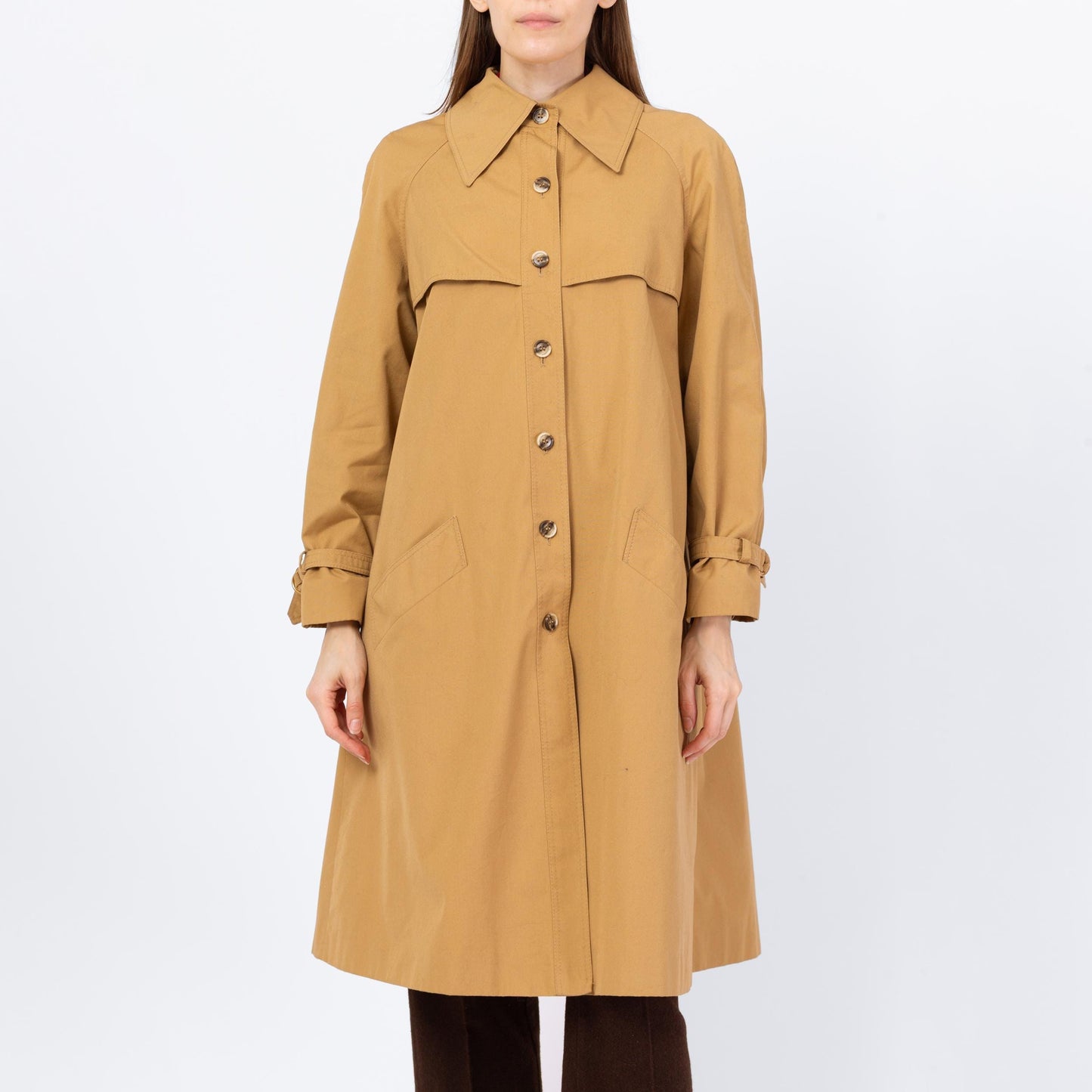 Vintage 70s Tan Pointed Collar Trench Coat - Medium | Minimalist Button Up Fall Winter Swing Jacket