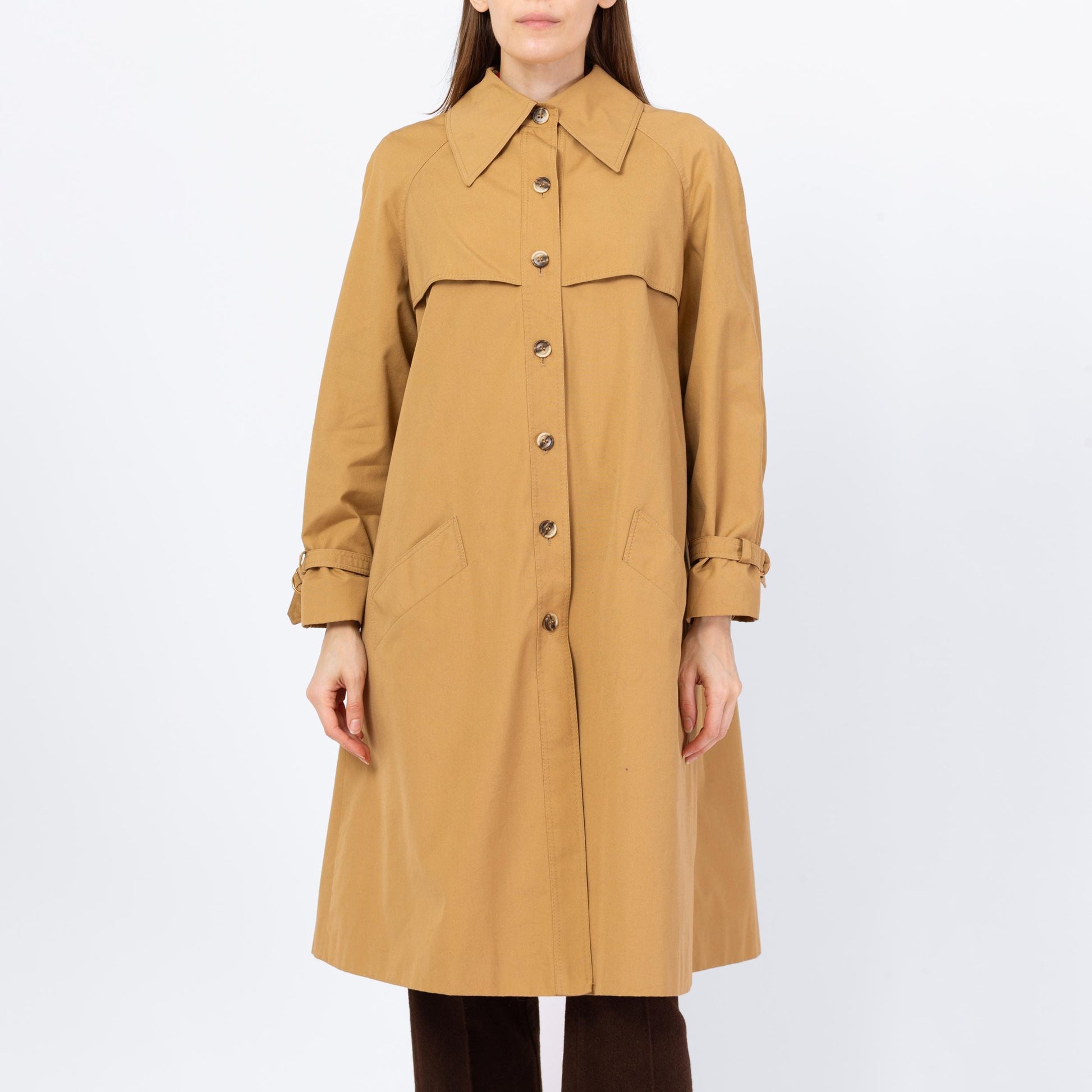 Vintage 70s Tan Pointed Collar Trench Coat - Medium | Minimalist Button Up Fall Winter Swing Jacket