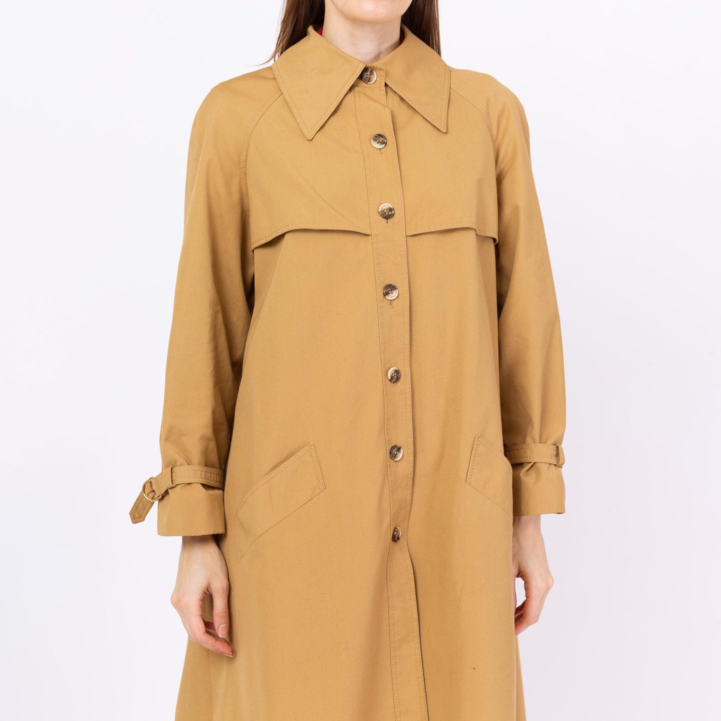 Vintage 70s Tan Pointed Collar Trench Coat - Medium | Minimalist Button Up Fall Winter Swing Jacket
