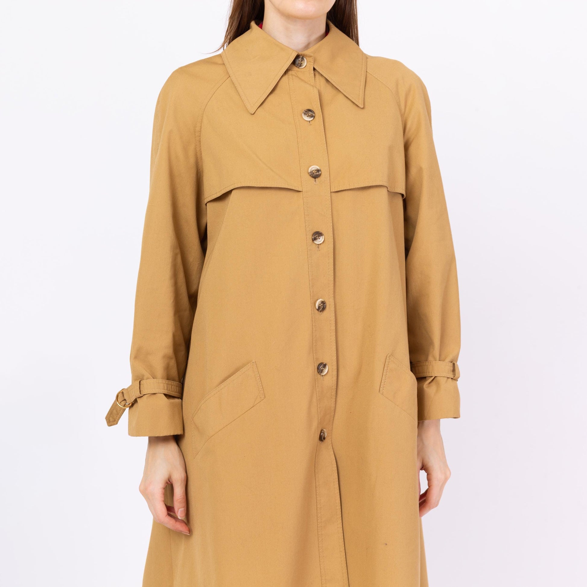 Vintage 70s Tan Pointed Collar Trench Coat - Medium | Minimalist Button Up Fall Winter Swing Jacket