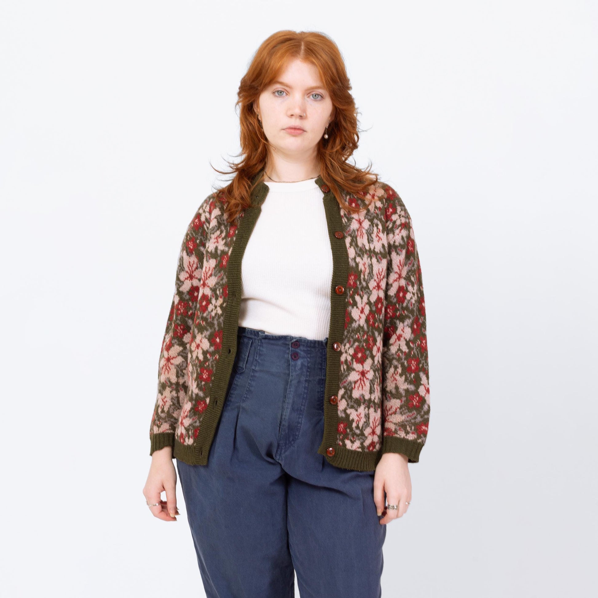 Vintage 80s Floral Olive Green Wool Knit Cardigan - Large | Boho Button Up Cropped Sweater
