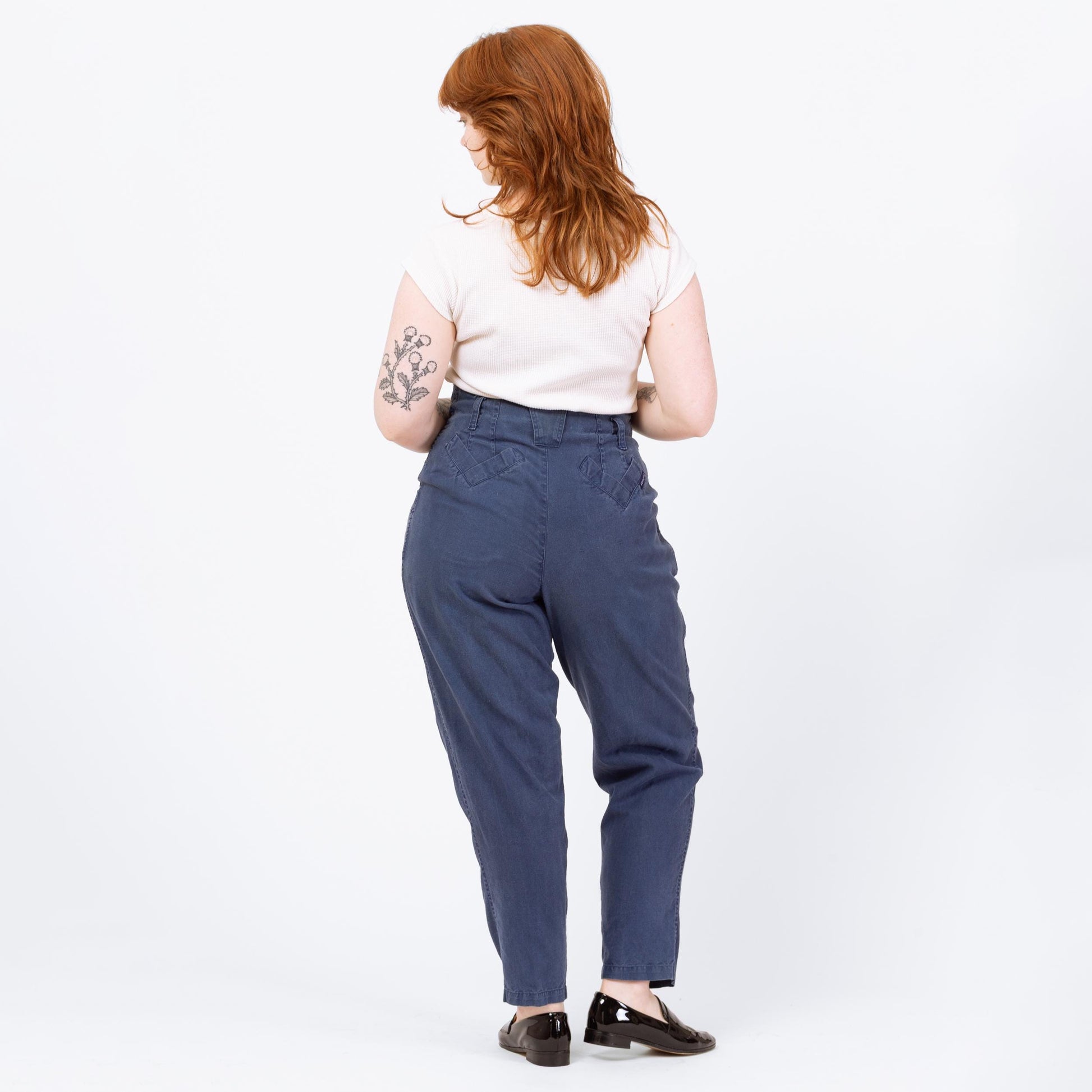 Vintage 90s Slate Blue High Waisted V-Pocket Pants - Large, 32" Waist | Pleated Paper Bag Waist Tapered Leg Cotton Trousers