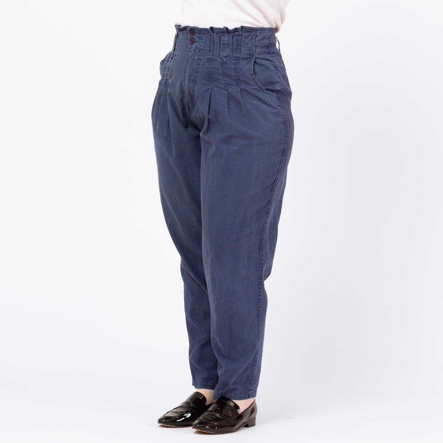 Vintage 90s Slate Blue High Waisted V-Pocket Pants - Large, 32" Waist | Pleated Paper Bag Waist Tapered Leg Cotton Trousers