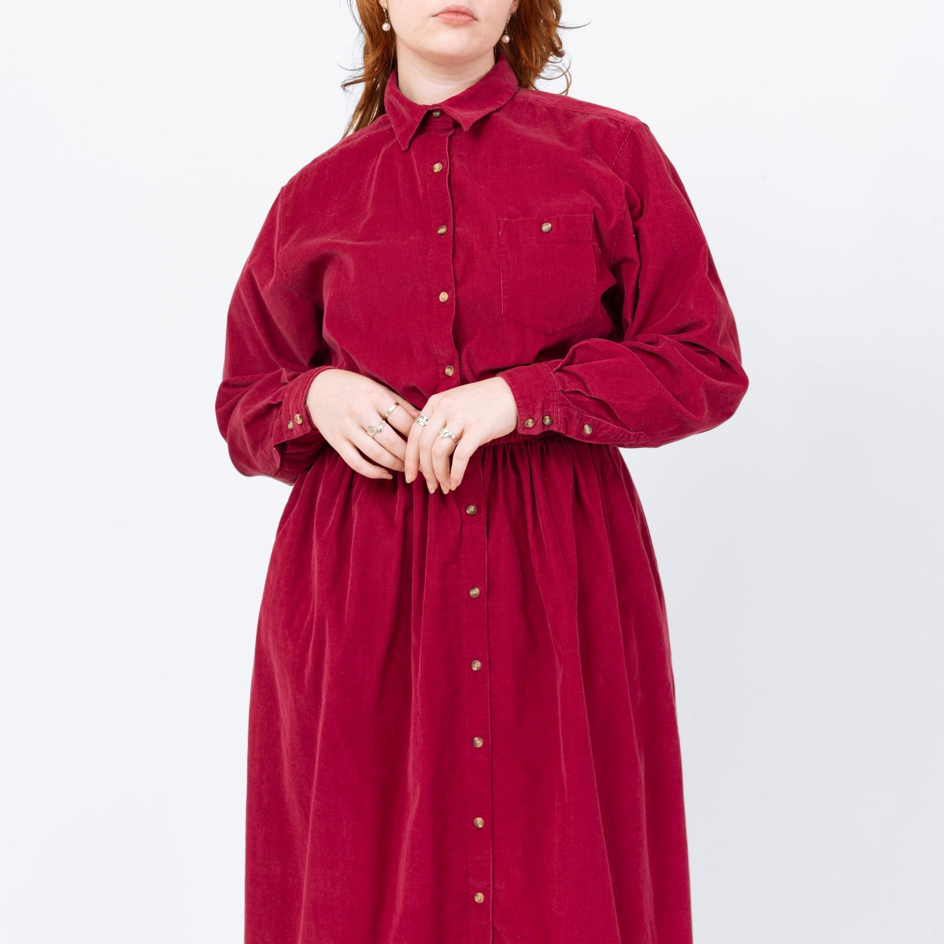 Vintage 90s Magenta Corduroy Midi Shirtdress - Large | Button Up Long Sleeve Fit & Flare Pocket Dress