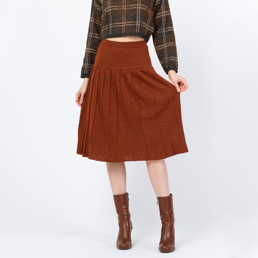 Vintage 90s Burnt Orange Knit Pleated Midi Skirt - Small | High Waisted Marled Knit A Line Minimalist Skirt