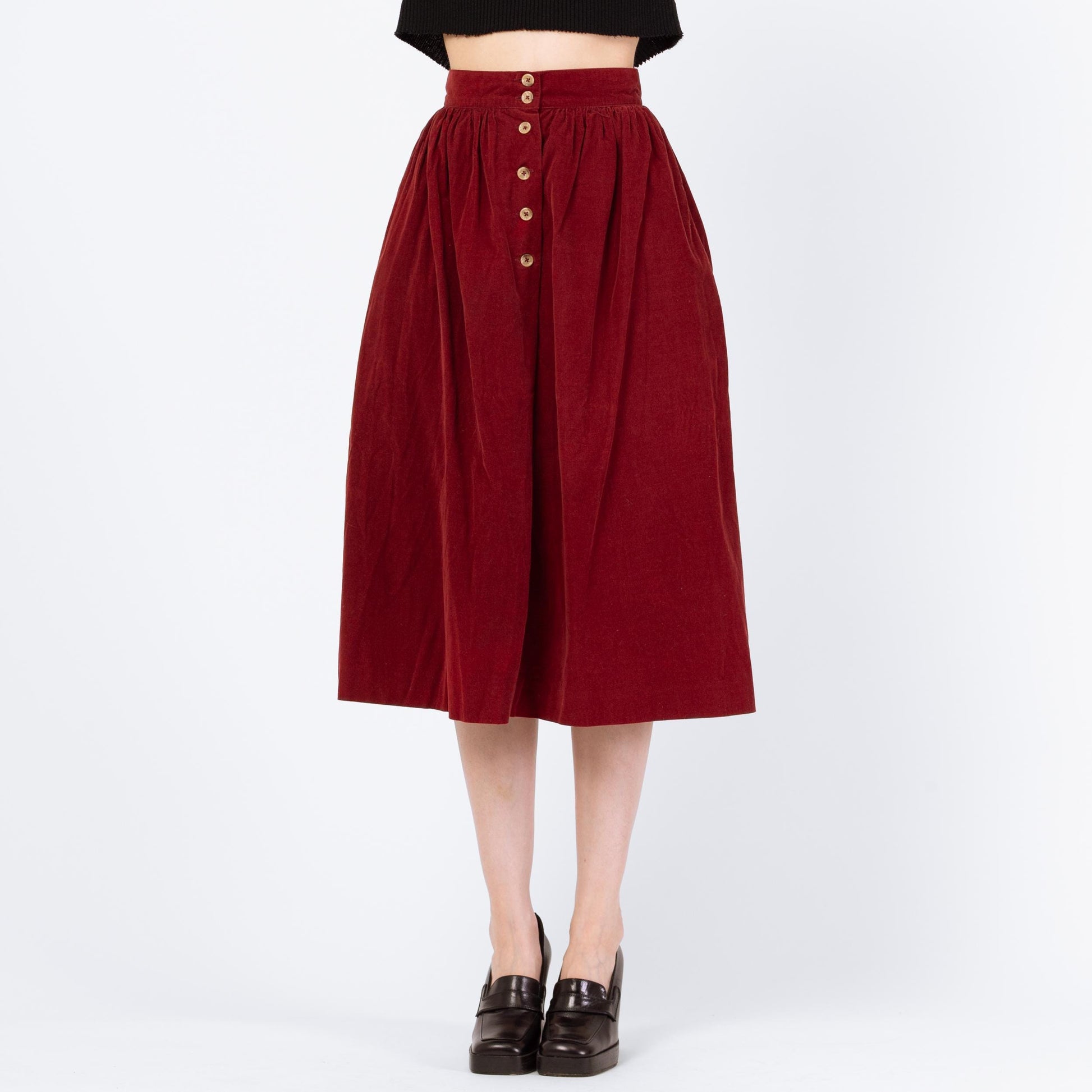Vintage 80s Wine Corduroy Midi Pocket Skirt - Extra Small, 25" Waist | A Line High Waist Retro Skirt