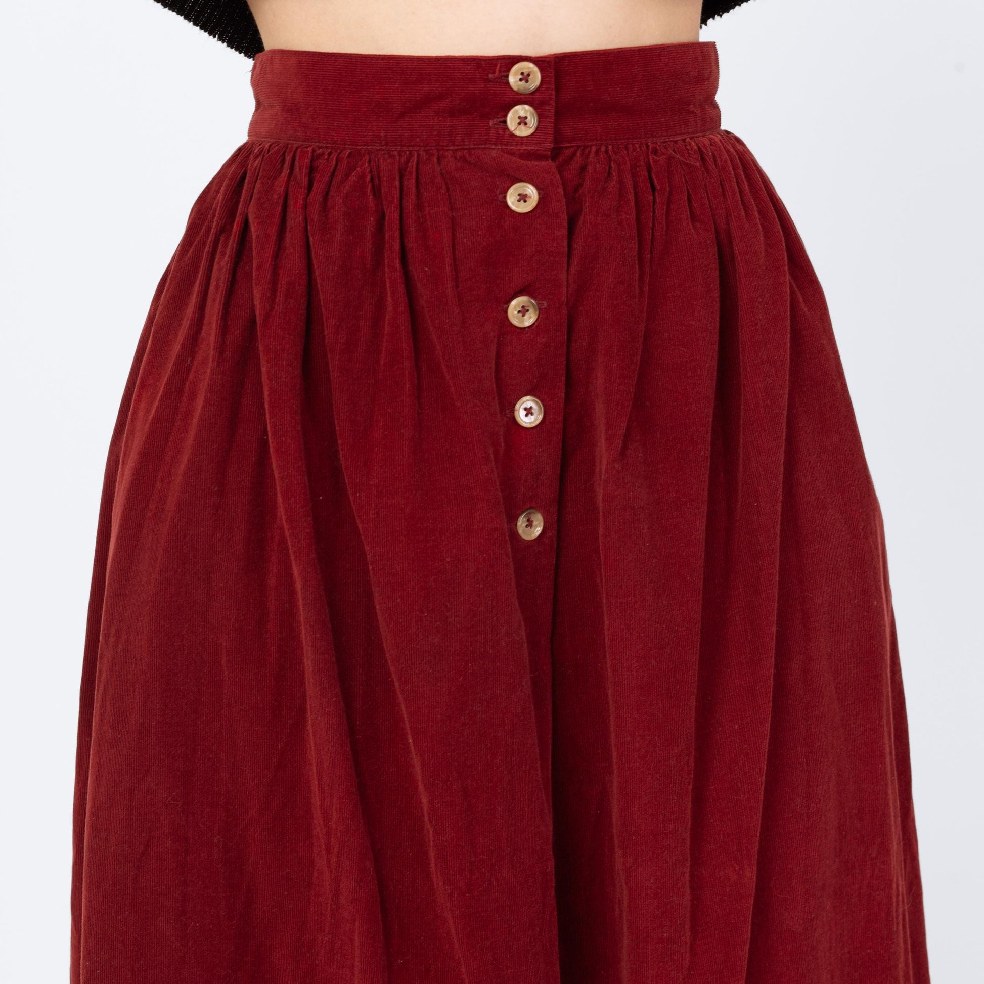 Vintage 80s Wine Corduroy Midi Pocket Skirt - Extra Small, 25" Waist | A Line High Waist Retro Skirt
