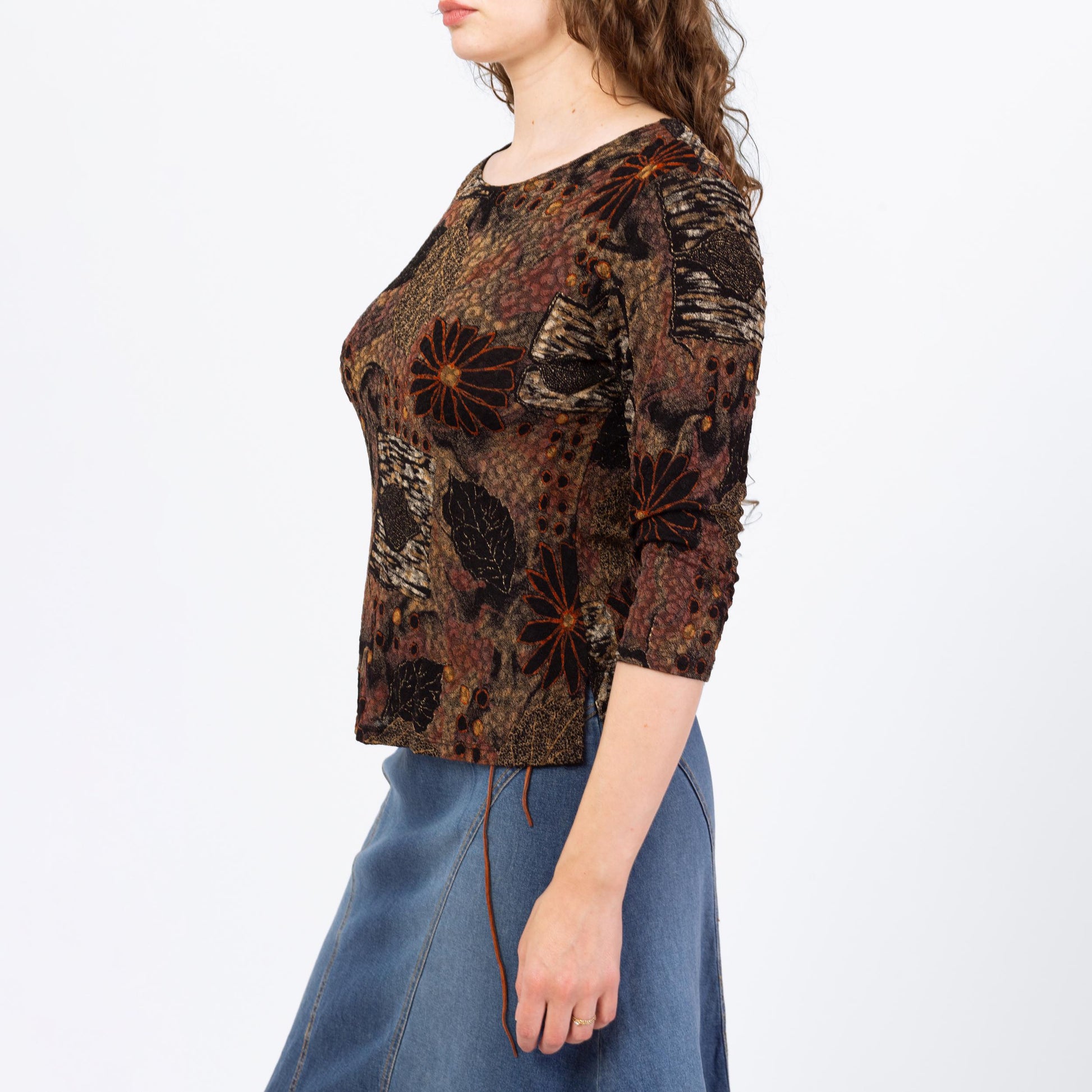 Vintage Y2K Fall Floral & Leaf Print Top - Medium | Boho Brown Black 3/4 Sleeve Stretchy Whimsigoth Blouse