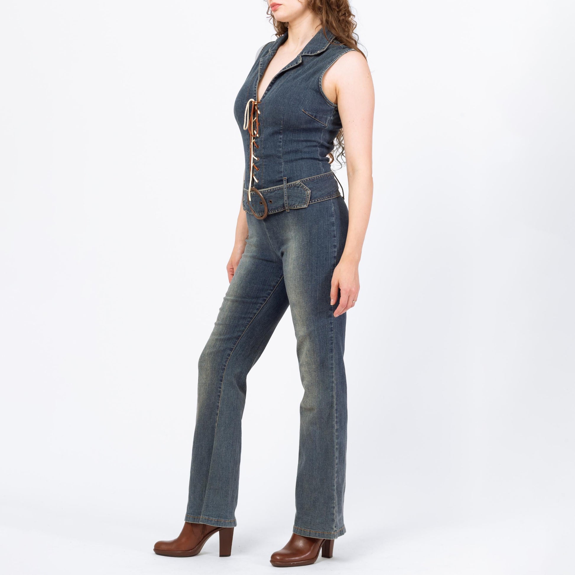 Vintage 90s Y2K Denim Lace Up Fitted Jumpsuit - Medium | Faded Dark Wash Stretchy Jean Corset Pantsuit