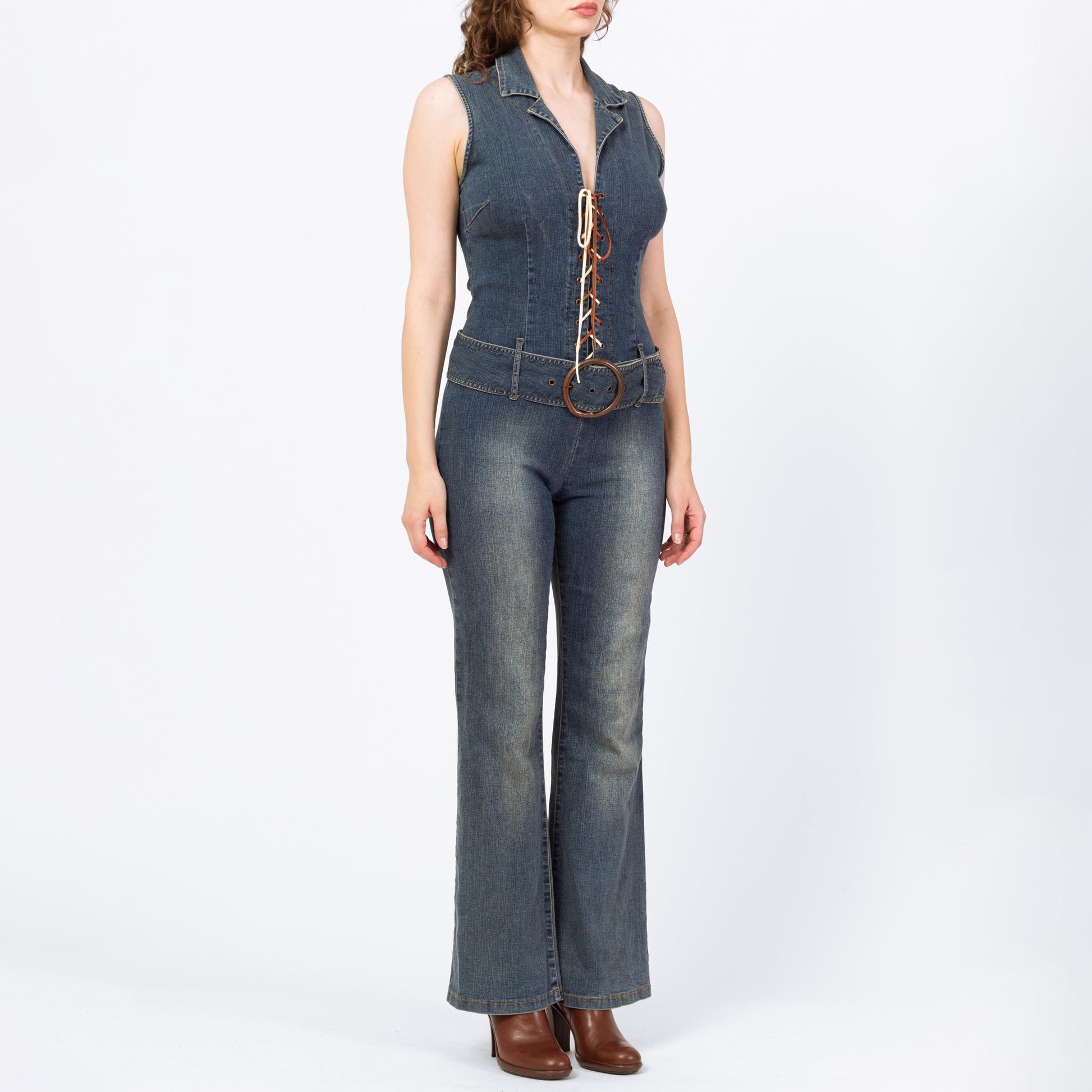 Vintage 90s Y2K Denim Lace Up Fitted Jumpsuit - Medium | Faded Dark Wash Stretchy Jean Corset Pantsuit