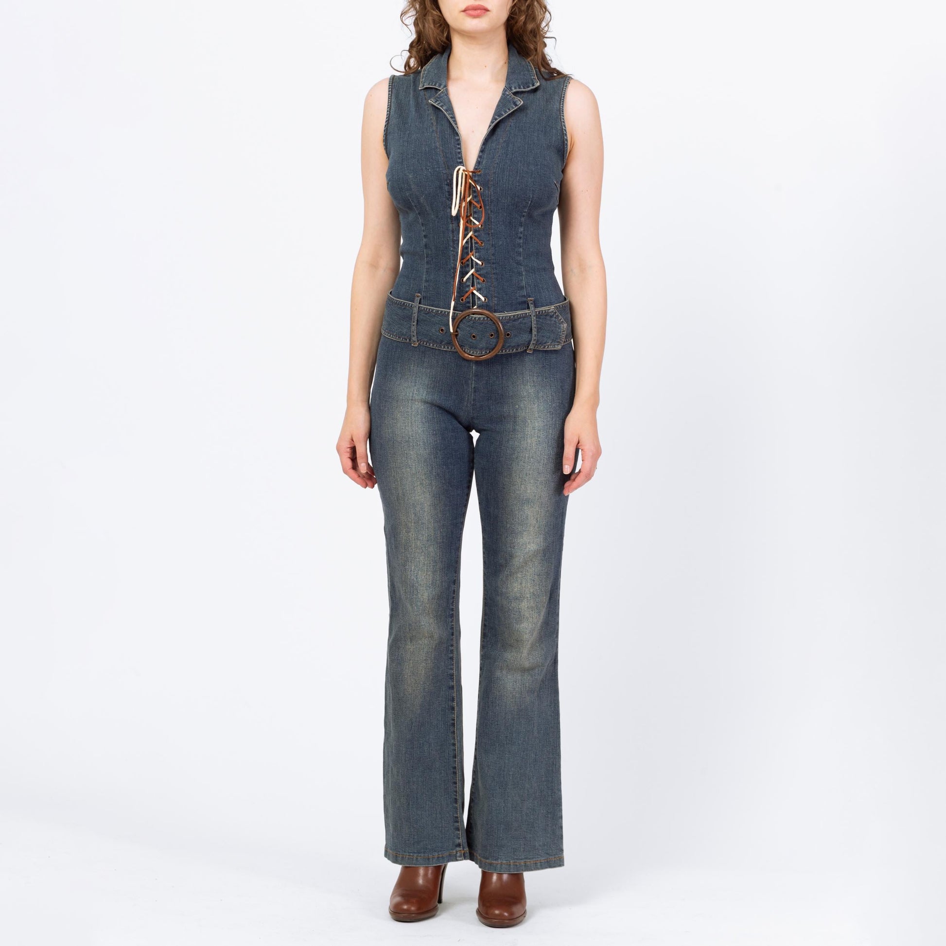 Vintage 90s Y2K Denim Lace Up Fitted Jumpsuit - Medium | Faded Dark Wash Stretchy Jean Corset Pantsuit