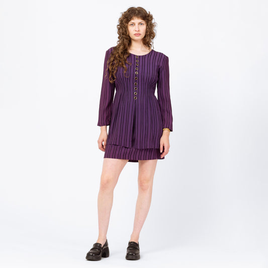 Vintage 90s Purple XOXO Striped Split Front Secretary Dress - Small | Long Sleeve Mini Power Suit Dress