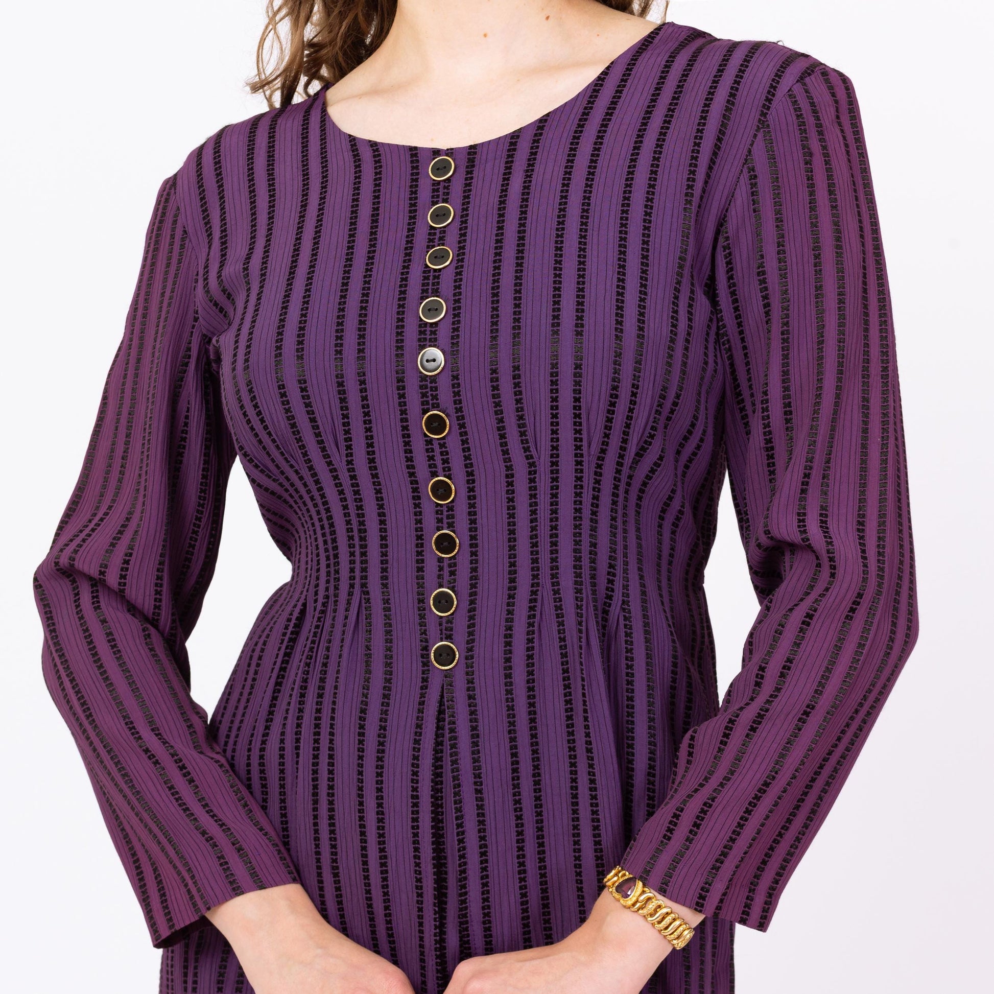 Vintage 90s Purple XOXO Striped Split Front Secretary Dress - Small | Long Sleeve Mini Power Suit Dress