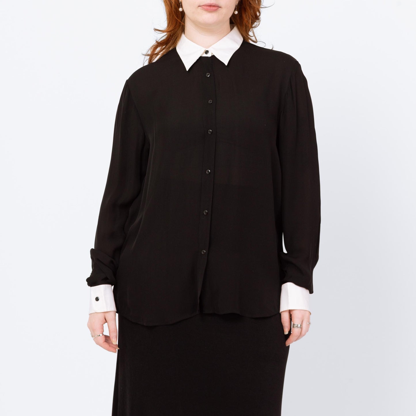 Vintage 90s Ralph Lauren Wednesday Addams Silk Blouse - Extra Large | Black White Trim Gothic Long Sleeve Top
