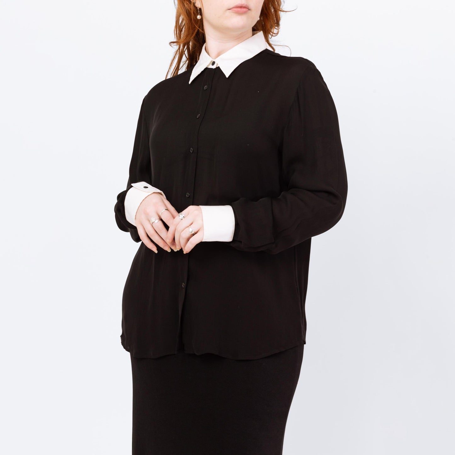 Vintage 90s Ralph Lauren Wednesday Addams Silk Blouse - Extra Large | Black White Trim Gothic Long Sleeve Top