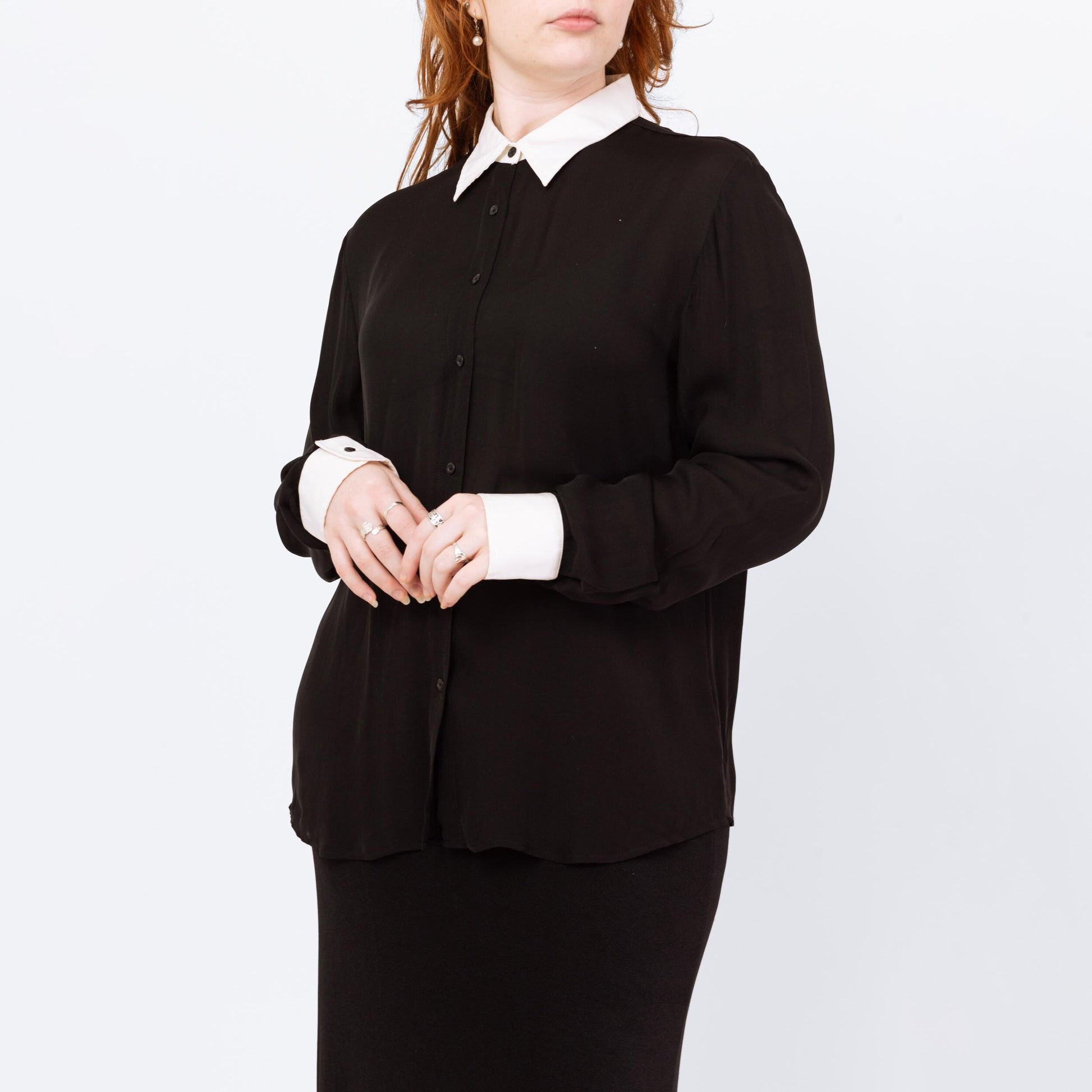 Vintage 90s Ralph Lauren Wednesday Addams Silk Blouse - Extra Large | Black White Trim Gothic Long Sleeve Top