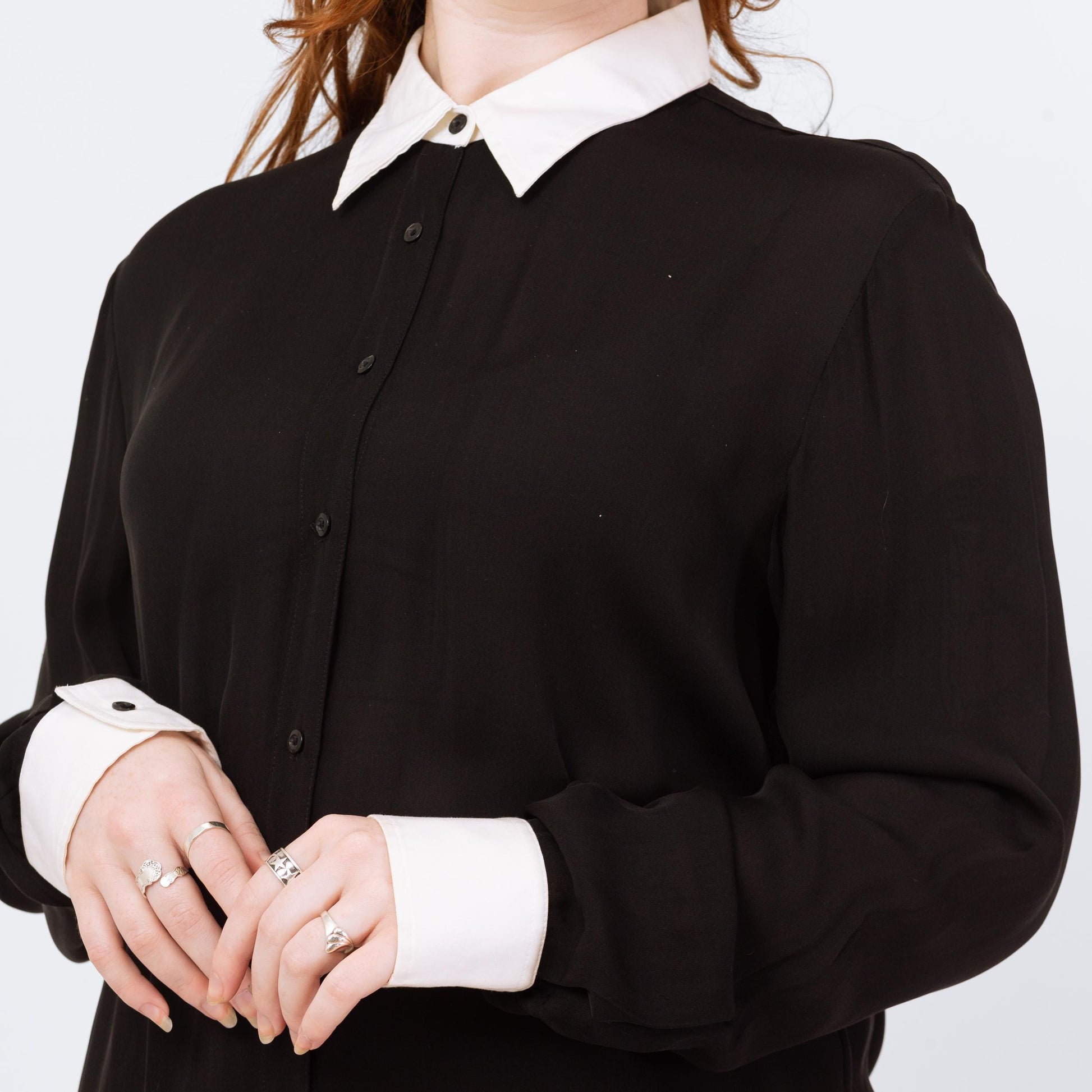 Vintage 90s Ralph Lauren Wednesday Addams Silk Blouse - Extra Large | Black White Trim Gothic Long Sleeve Top