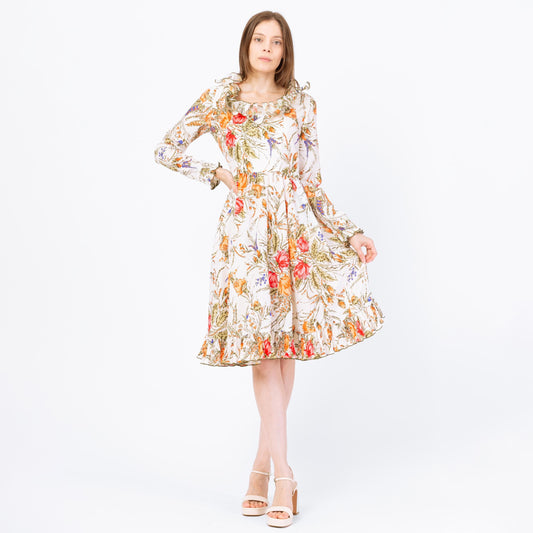 Vintage 70s Victor Costa Floral Ruffle Dress - Small | Long Sleeve Cottagecore Midi Dress, Retro Wedding Guest Dress