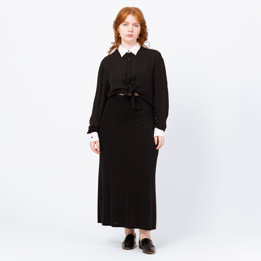 Vintage 90s Stretchy Black Minimalist Maxi Skirt - Medium to Large | Ankle Length Grunge Slinky Pencil Skirt