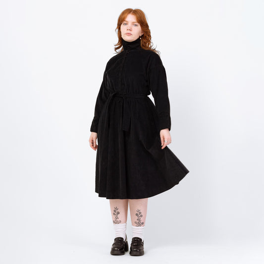 Vintage 90s Black Corduroy Belted Midi Shirtdress - Medium to Large | Snap Up Turtleneck Long Sleeve Fit & Flare Dress