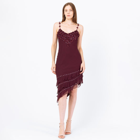 Vintage Y2K Sue Wong Plum Purple Silk Beaded Floral Midi Dress - Small to Medium | Bias Cut Boho Asymmetrical Summer Party Dress
