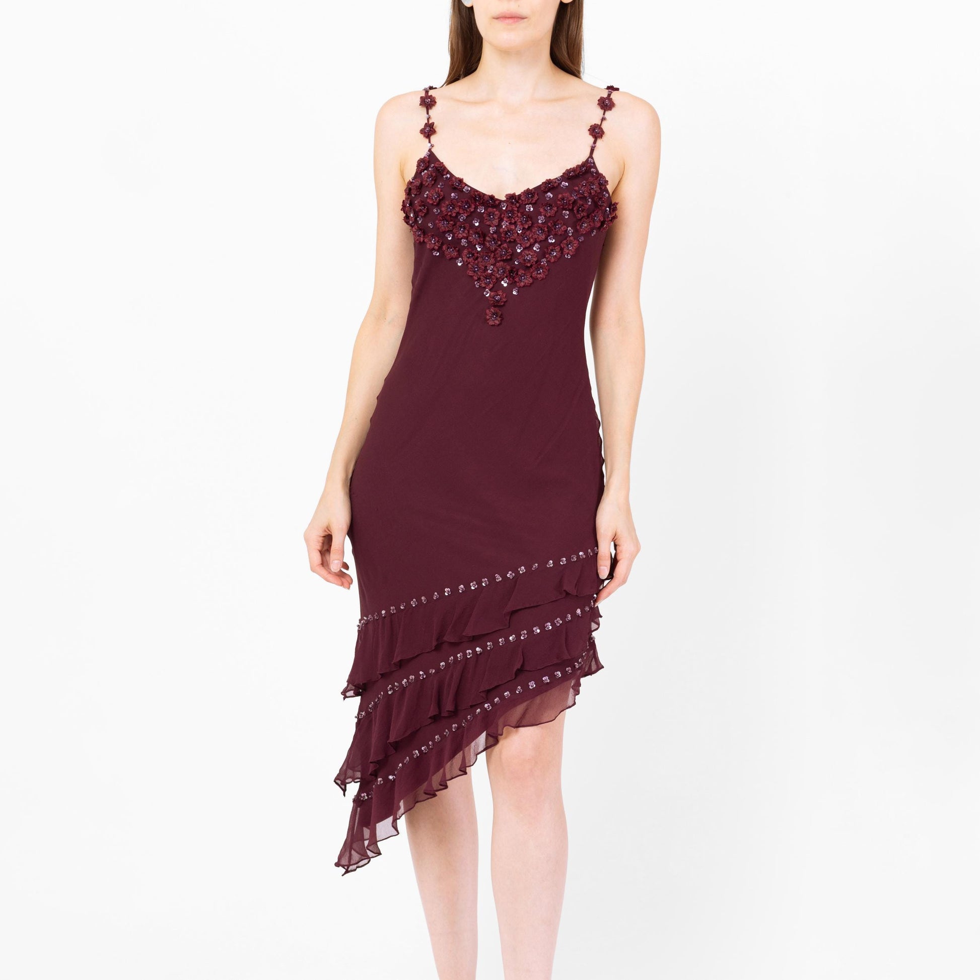 Vintage Y2K Sue Wong Plum Purple Silk Beaded Floral Midi Dress - Small to Medium | Bias Cut Boho Asymmetrical Summer Party Dress