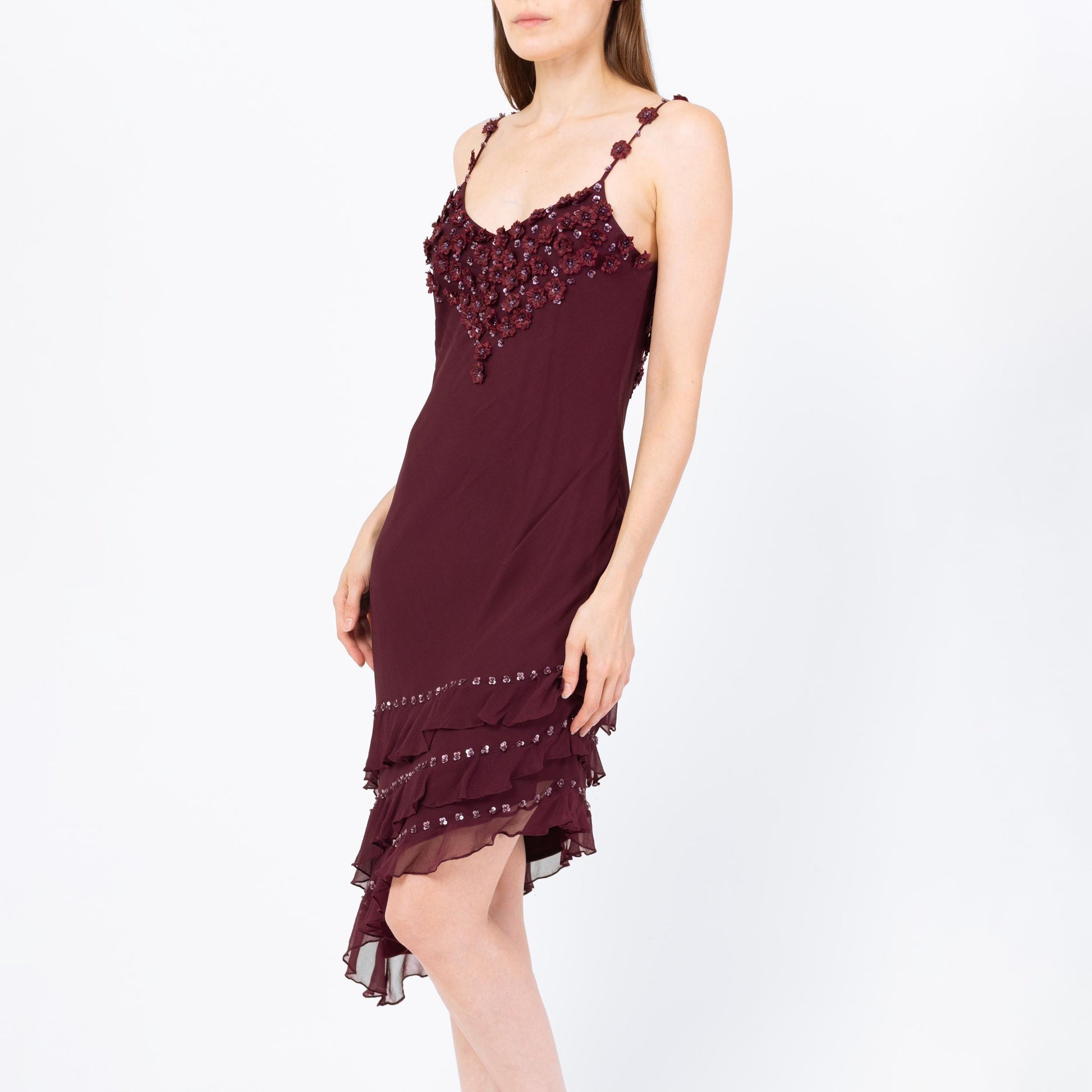 Vintage Y2K Sue Wong Plum Purple Silk Beaded Floral Midi Dress - Small to Medium | Bias Cut Boho Asymmetrical Summer Party Dress